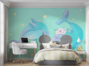 3D Cartoon Cute Dolphin Floral Star Wall Mural Wallpaper GD 4898- Jess Art Decoration
