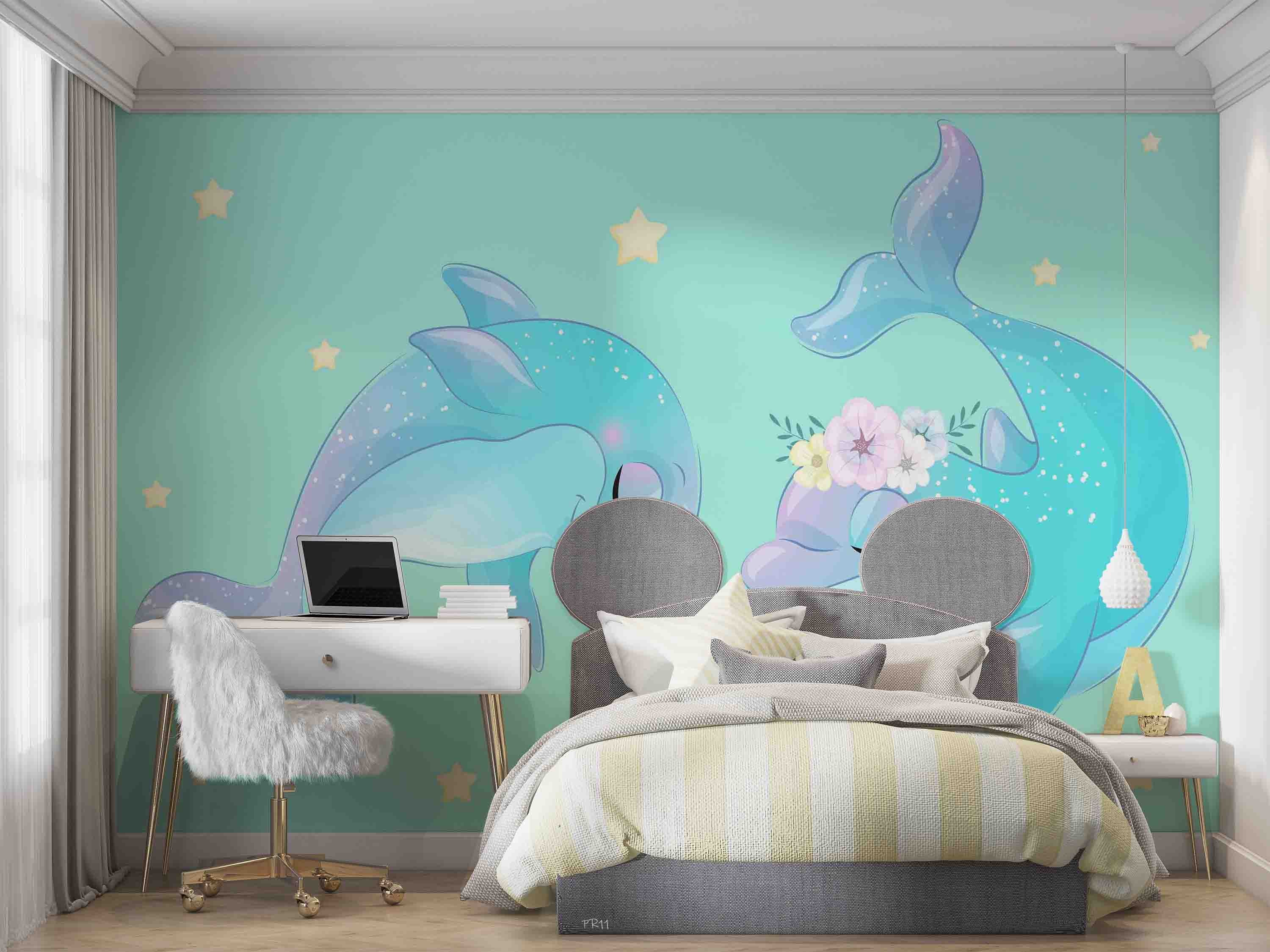 3D Cartoon Cute Dolphin Floral Star Wall Mural Wallpaper GD 4898- Jess Art Decoration
