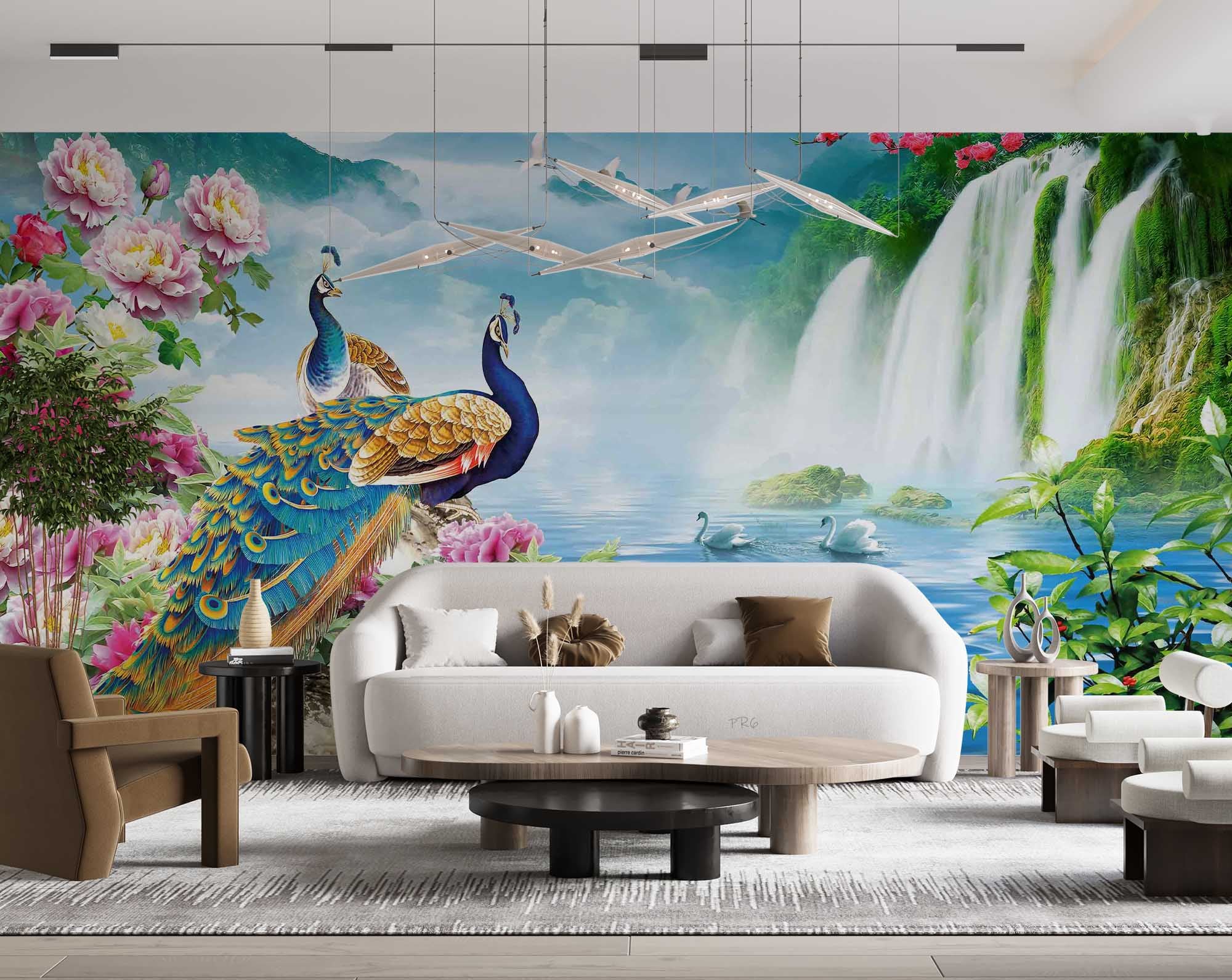 3D Animal Peacock Flower Swan River Waterfall Mountain Wild Goose Wall Mural Wallpaper YXL 03- Jess Art Decoration