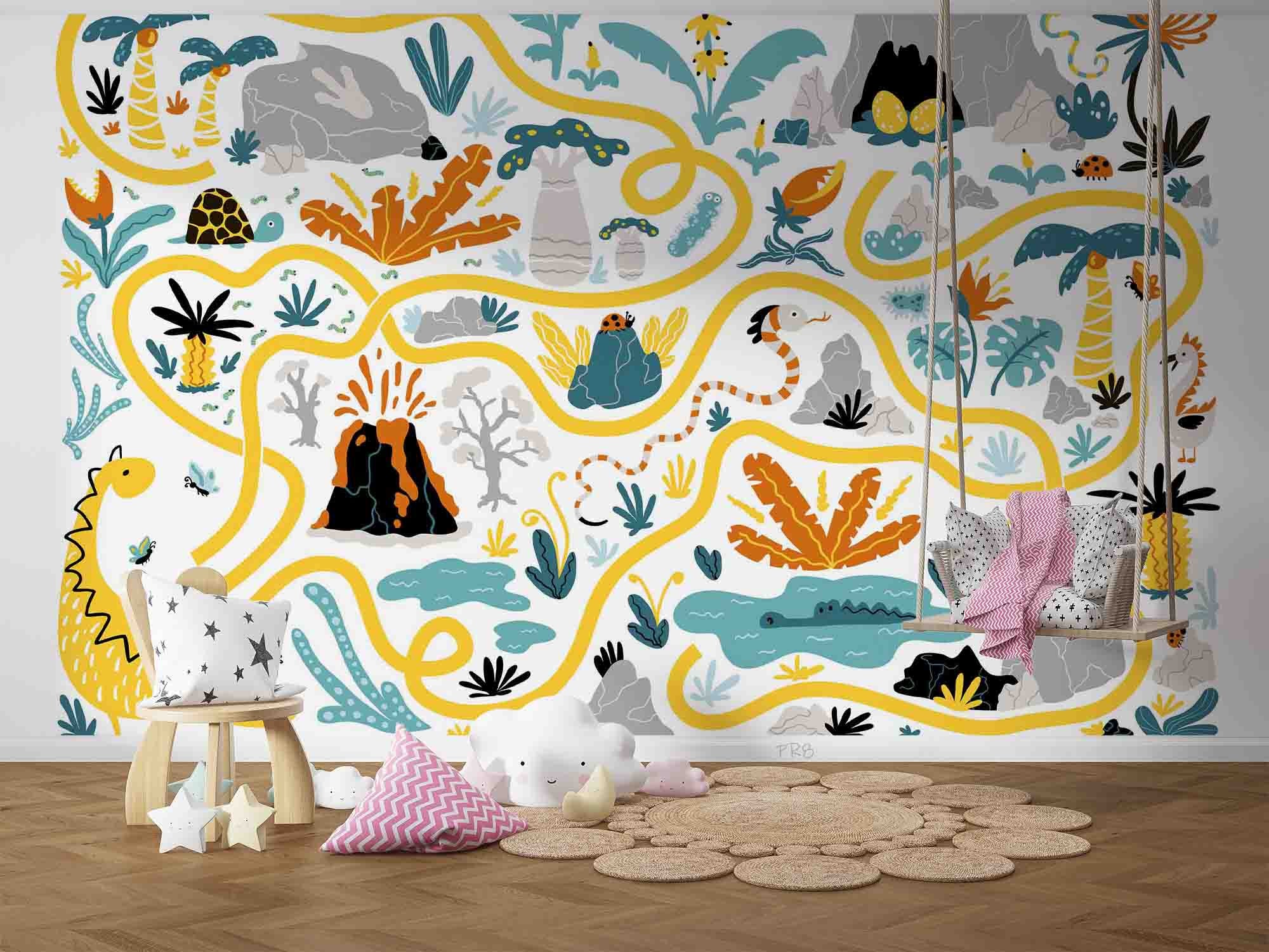 3D Cartoon Tropical Plant Volcano Dinosaur Maze Wall Mural Wallpaper GD 4573- Jess Art Decoration
