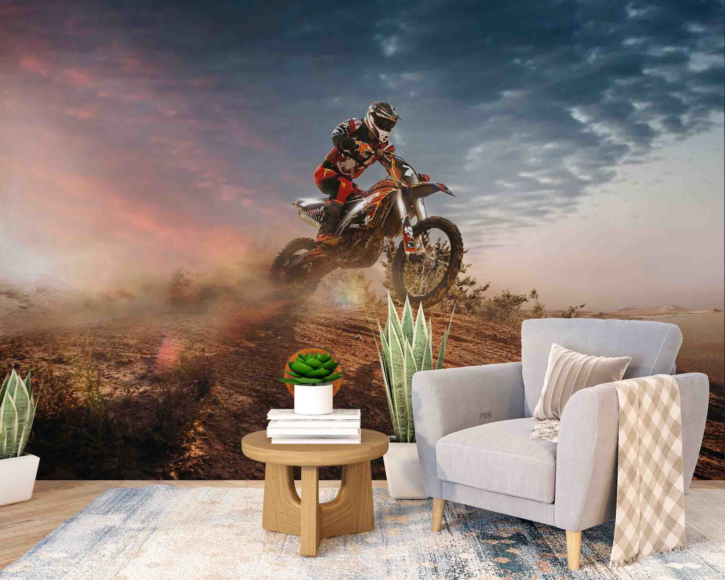 Motocross Rider Hillside Sunset Action Sports Wallpaper action sports wall mural for sports room or entertainment space - vie