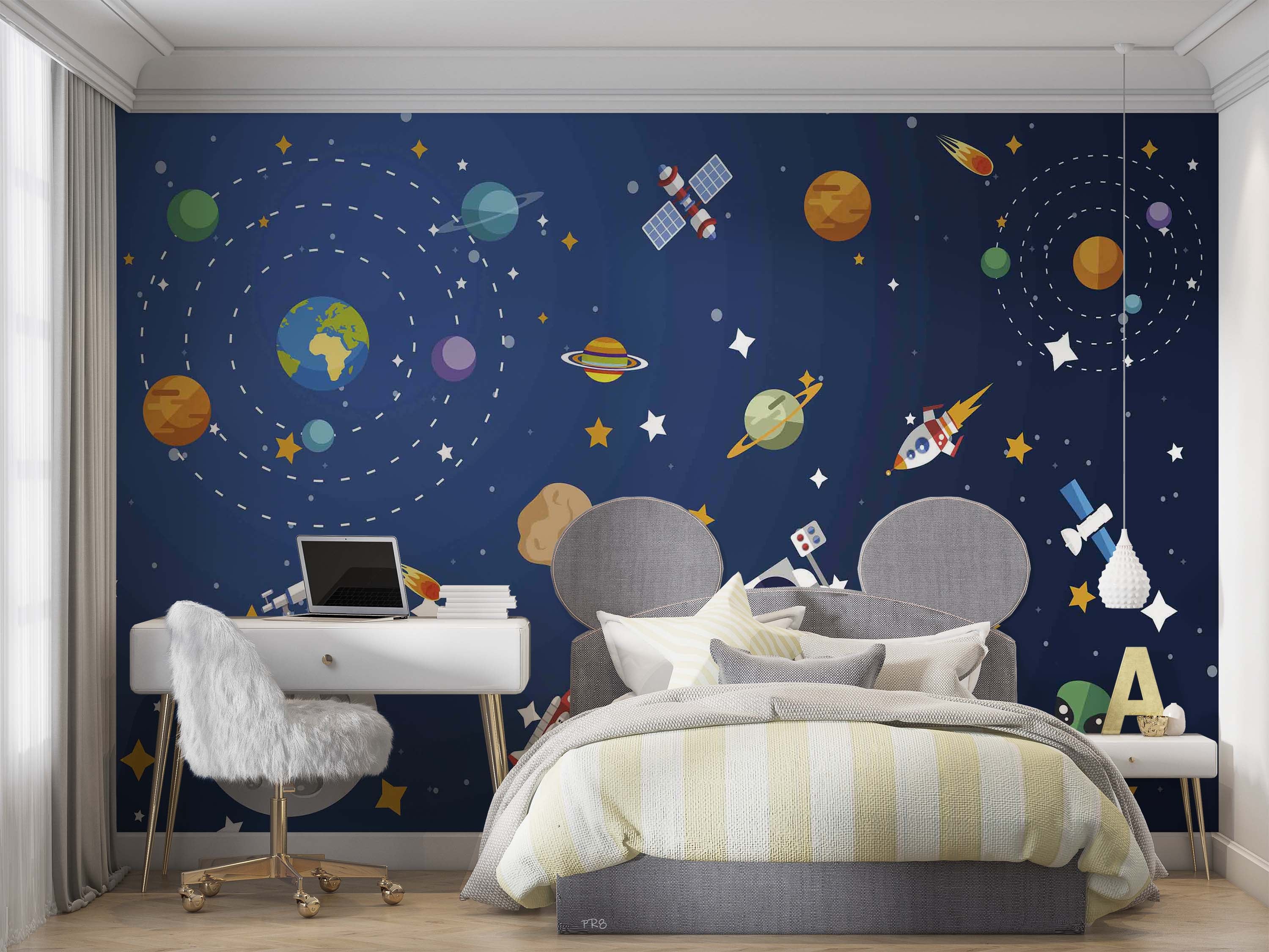 3D Cartoon Space Planet Satellite Star Wall Mural Wallpaper GD 4551- Jess Art Decoration