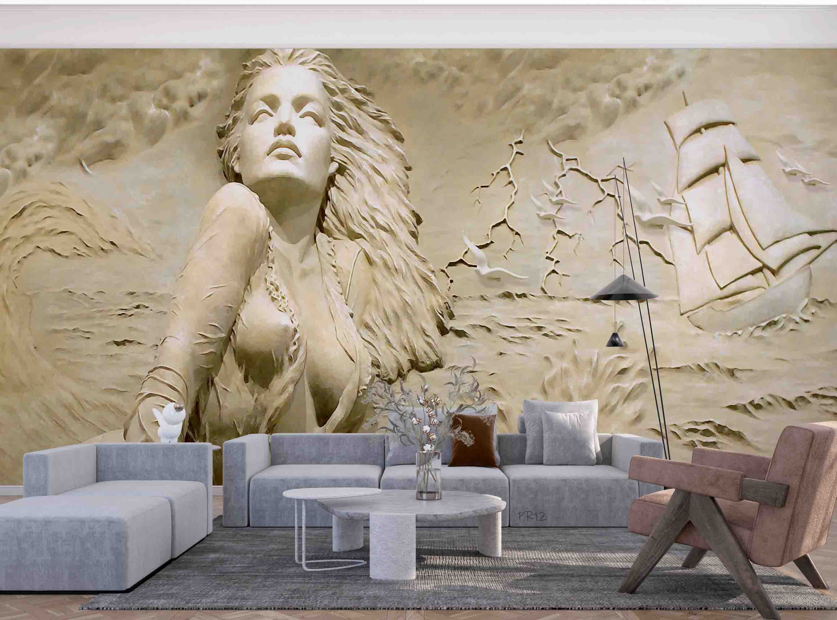 3D Relief Sea Beautiful Girl Sailboat Wall Mural Wallpaper GD 4990- Jess Art Decoration