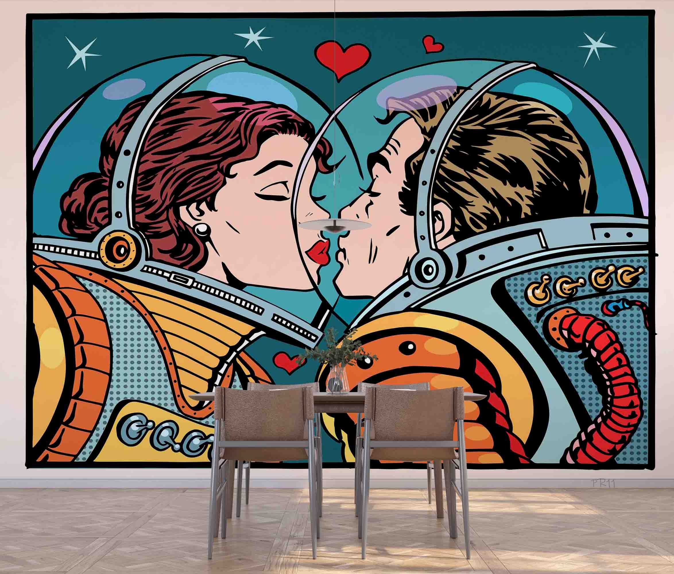 3D Astronaut Couple Kiss romantic astronaut pop art scene wall mural wallpaper for bedroom - view 5
