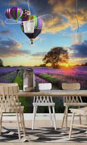 3D Sunset Clouds Sky Lavender Field English Countryside Landscape Hot Air Balloon Wall Mural Wallpaper GD 5055- Jess Art Decoration