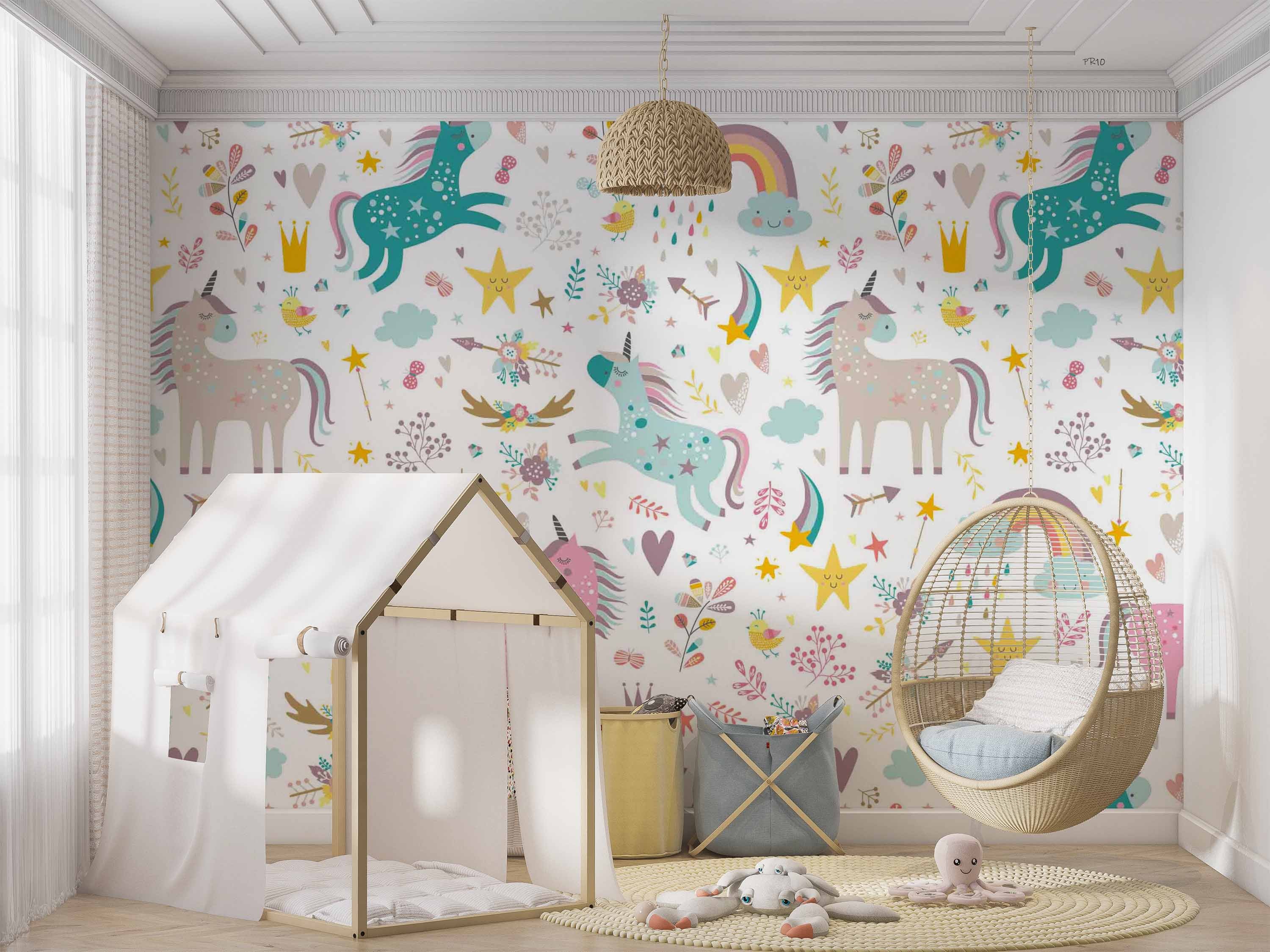 3D Cartoon Unicorn Cloud Rain Star Bird Wall Mural Wallpaper GD 4715- Jess Art Decoration