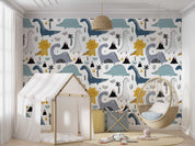 3D Cute Dinosaur Pattern cute dinosaur volcano pattern wall mural wallpaper for nursery - view 5