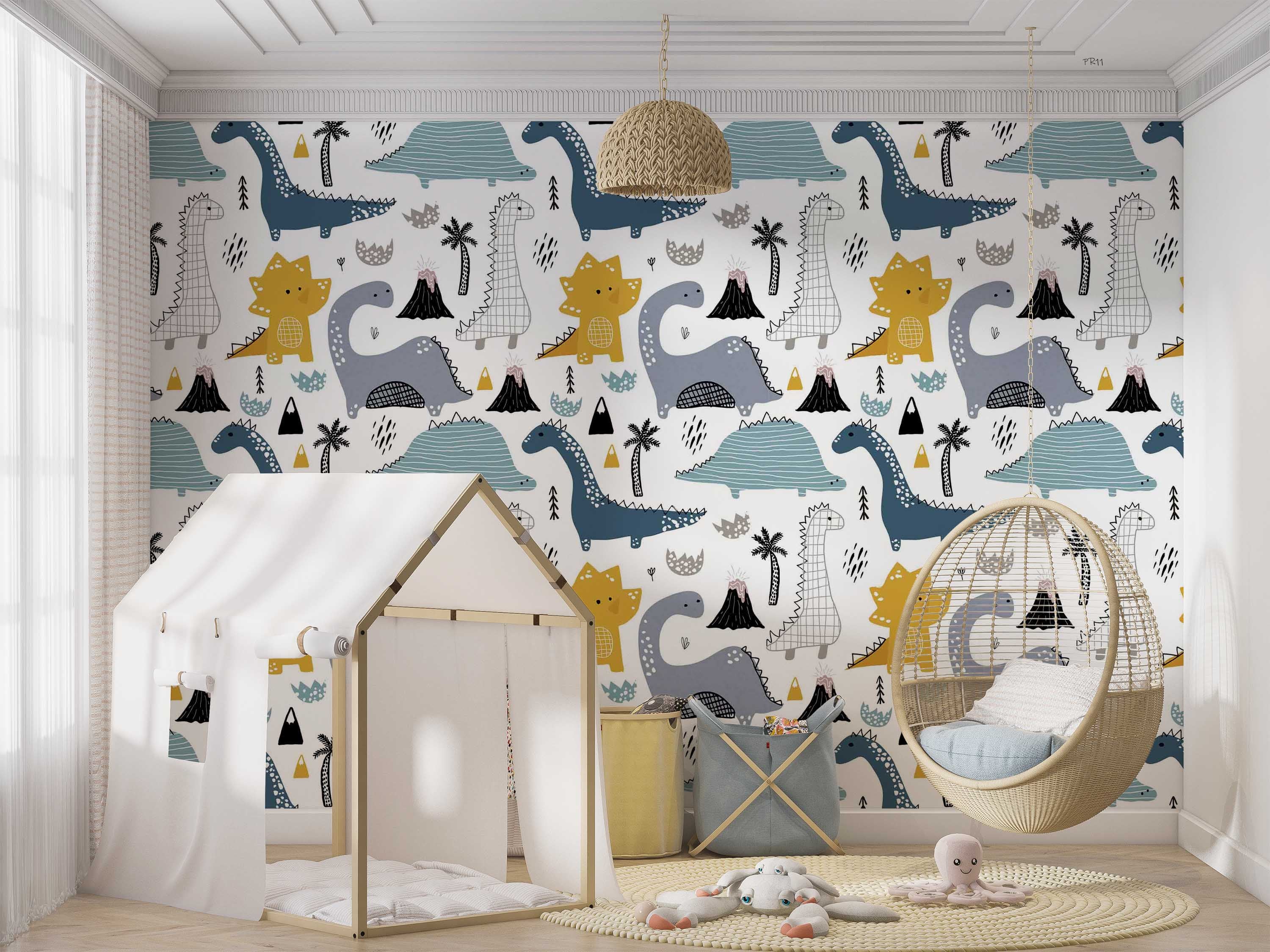 3D Cute Dinosaur Pattern cute dinosaur volcano pattern wall mural wallpaper for nursery - view 5