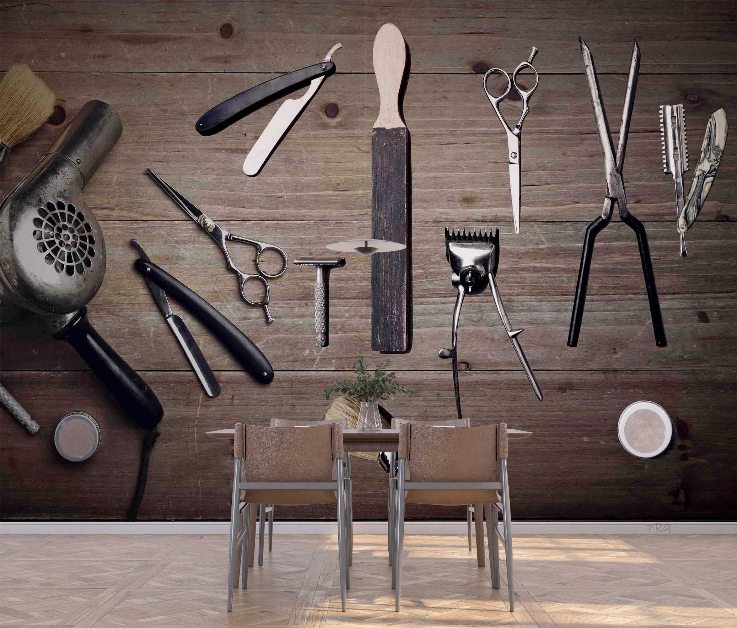 3D Barber Tools Wooden Board Texture Background Wall Mural Wallpaper GD 4702- Jess Art Decoration