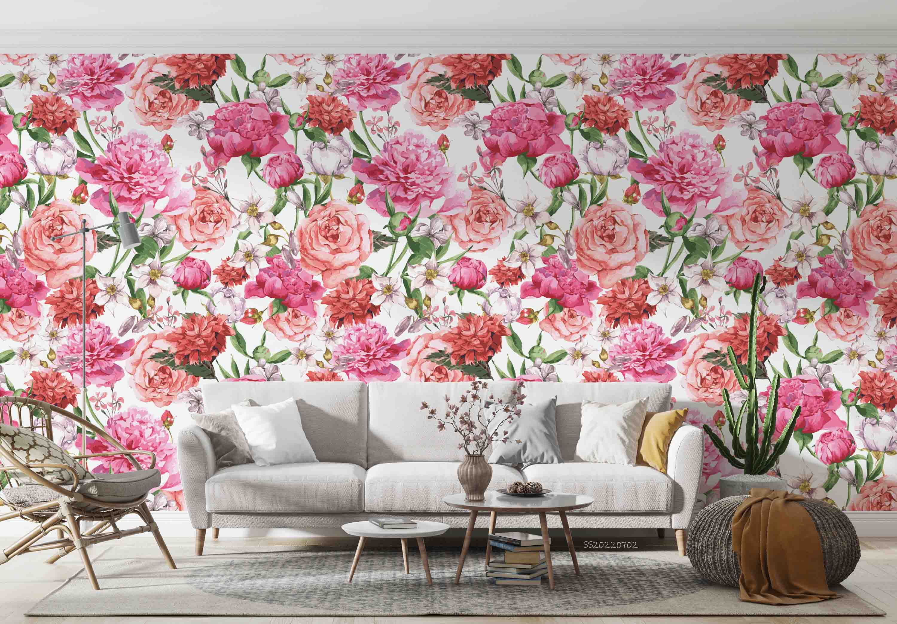 3D Watercolor Pink Peony Rose White Background Wall Mural Wallpaper GD 5190- Jess Art Decoration
