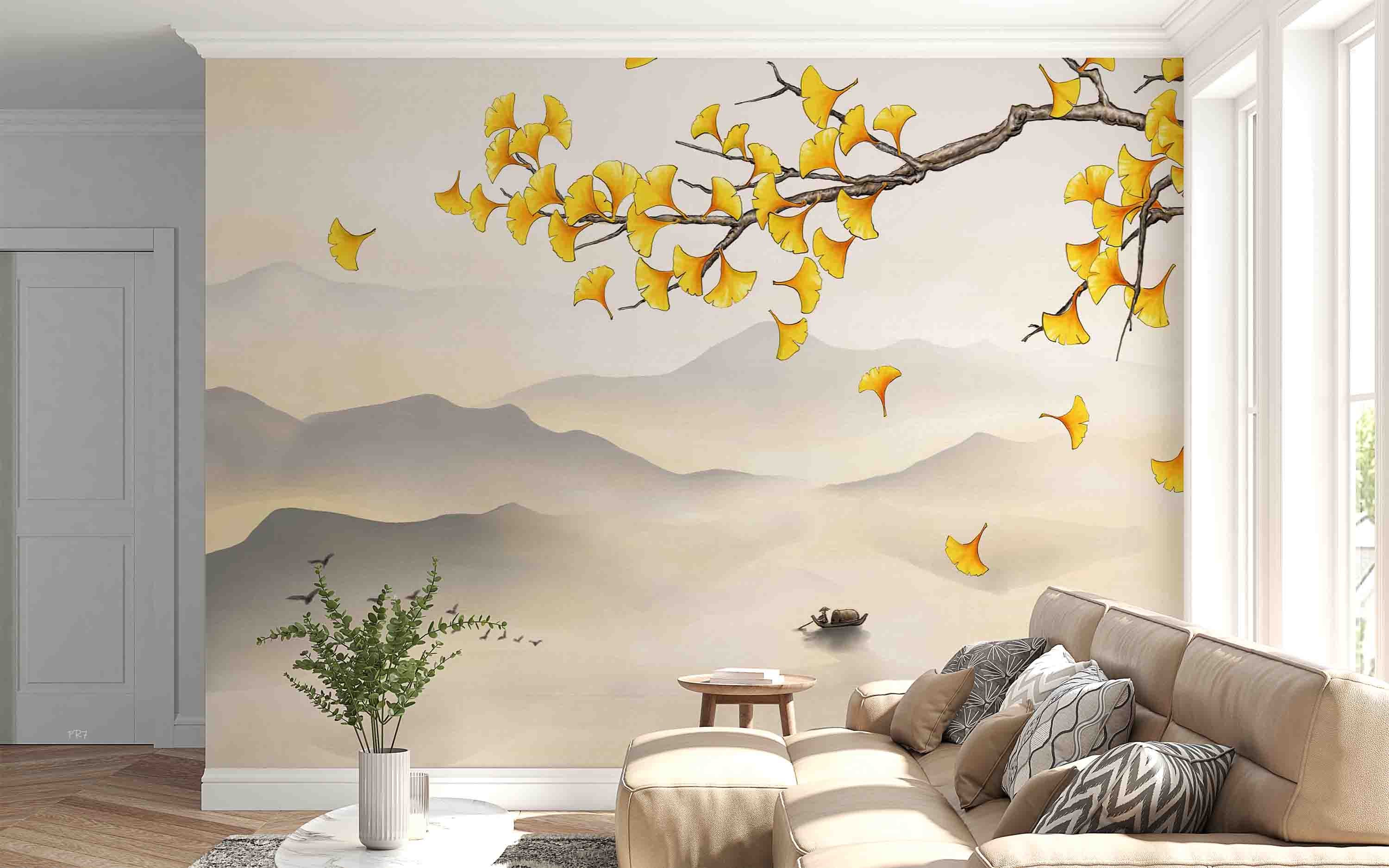 3D Autumn Mountain Branch Yellow Ginkgo Leaf Wall Mural Wallpaper GD 4434- Jess Art Decoration