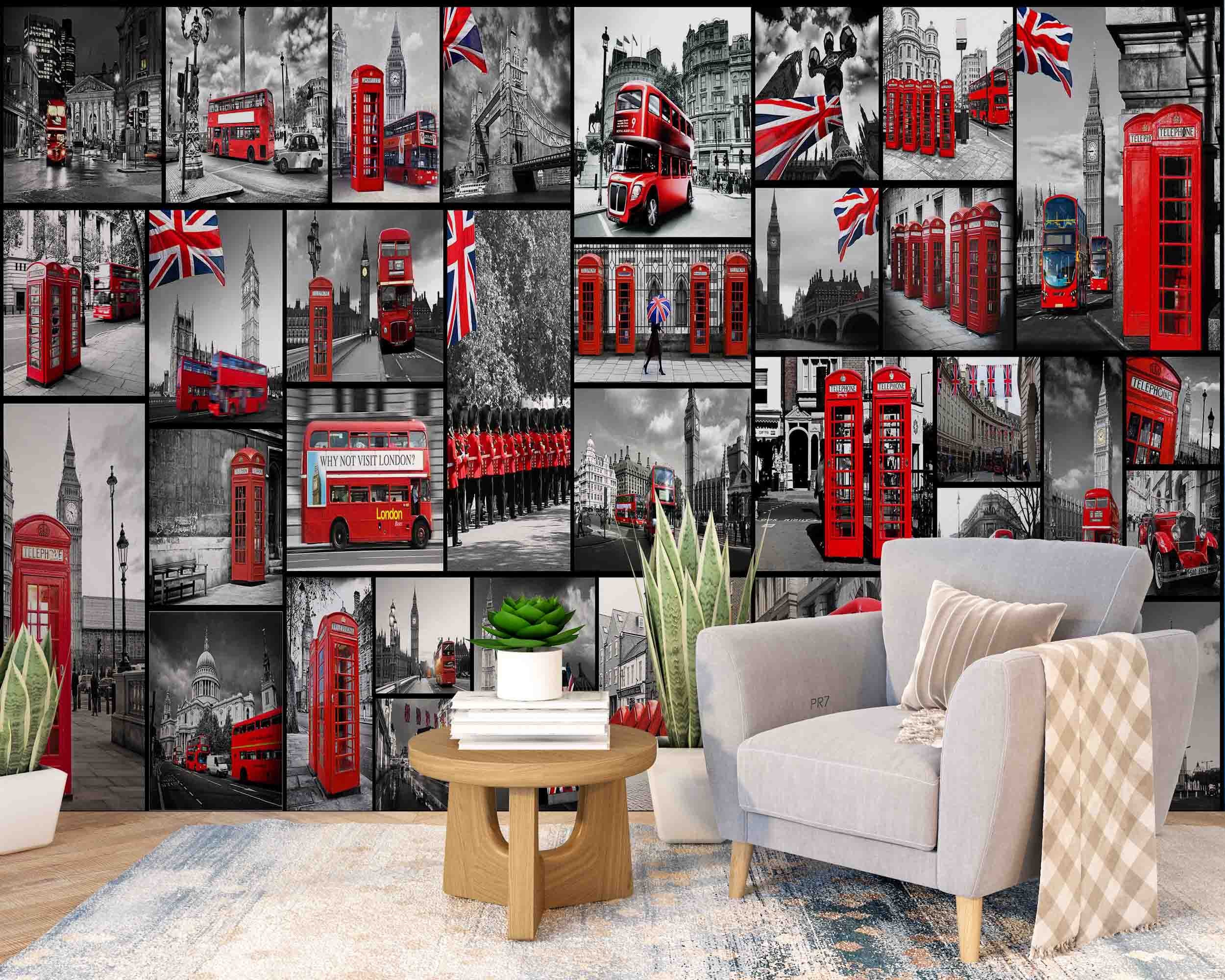 UK Street Red Telephone Booth Bus Guard Wallpaper urban graffiti wall mural for teen room, studio or feature wall - view 5