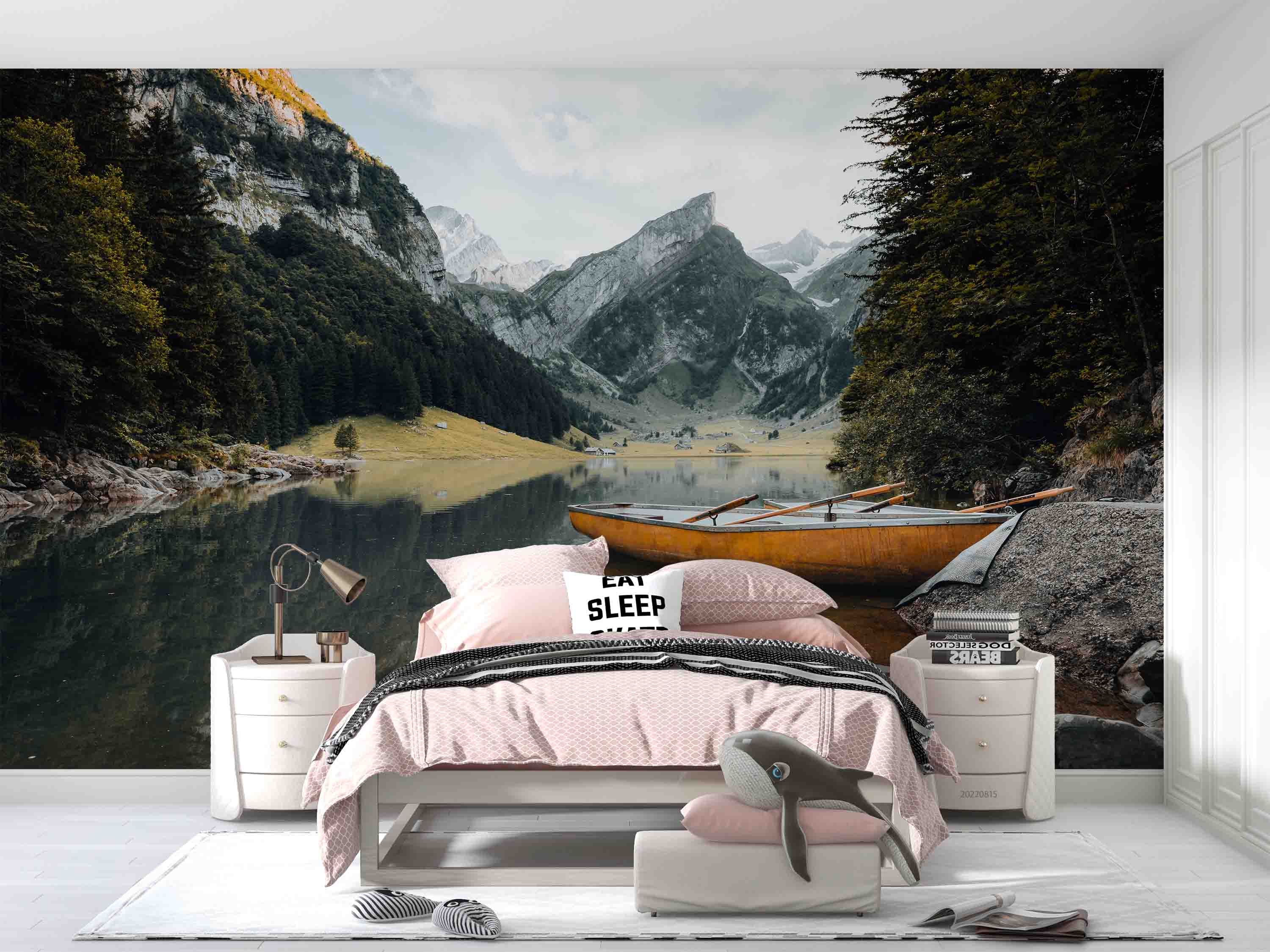 3D Mountain River Trees Boat Landscape Wall Mural Wallpaper GD 2939- Jess Art Decoration