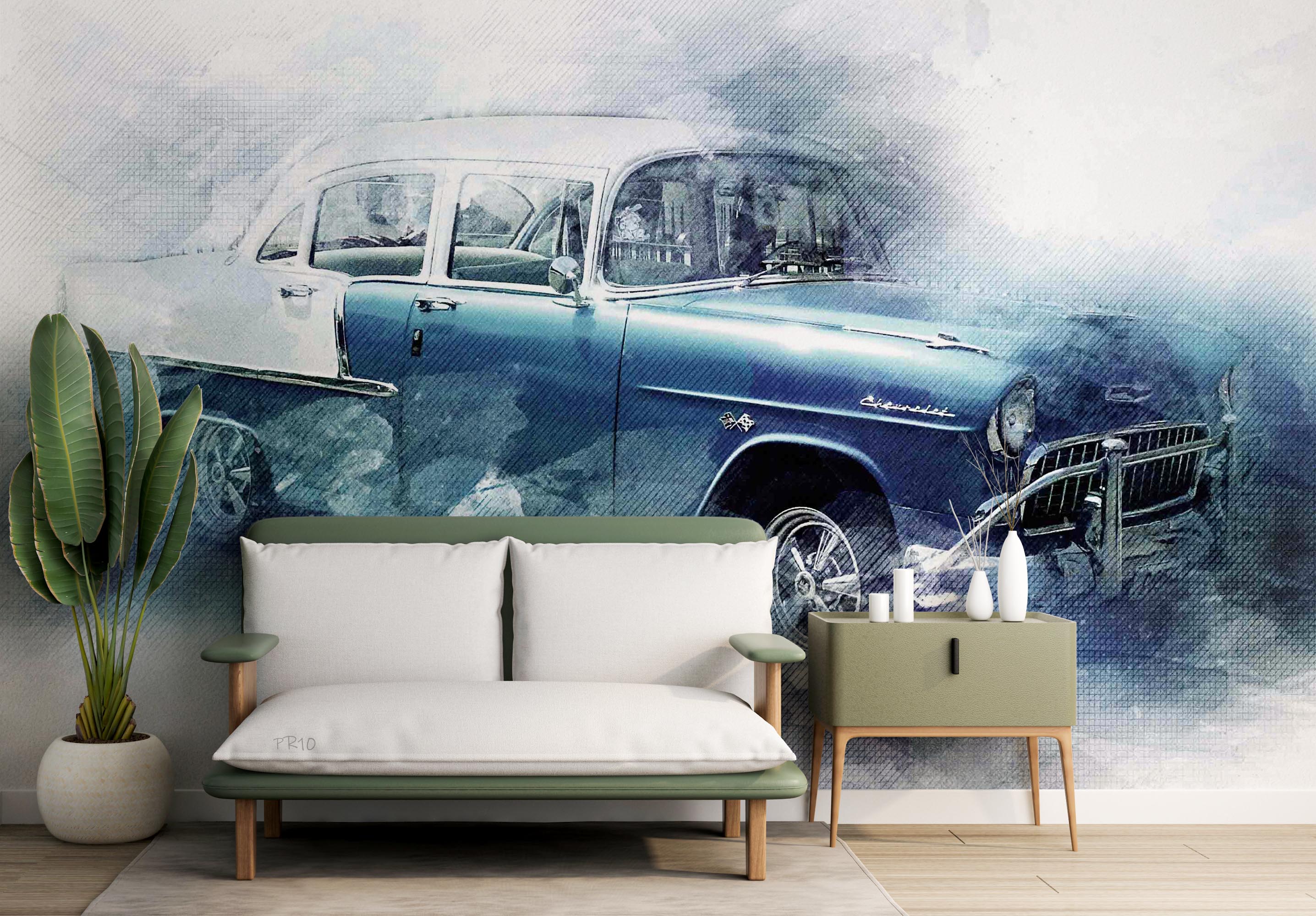 3D Vintage Blue Car Wall Mural Wallpaper GD 4806- Jess Art Decoration