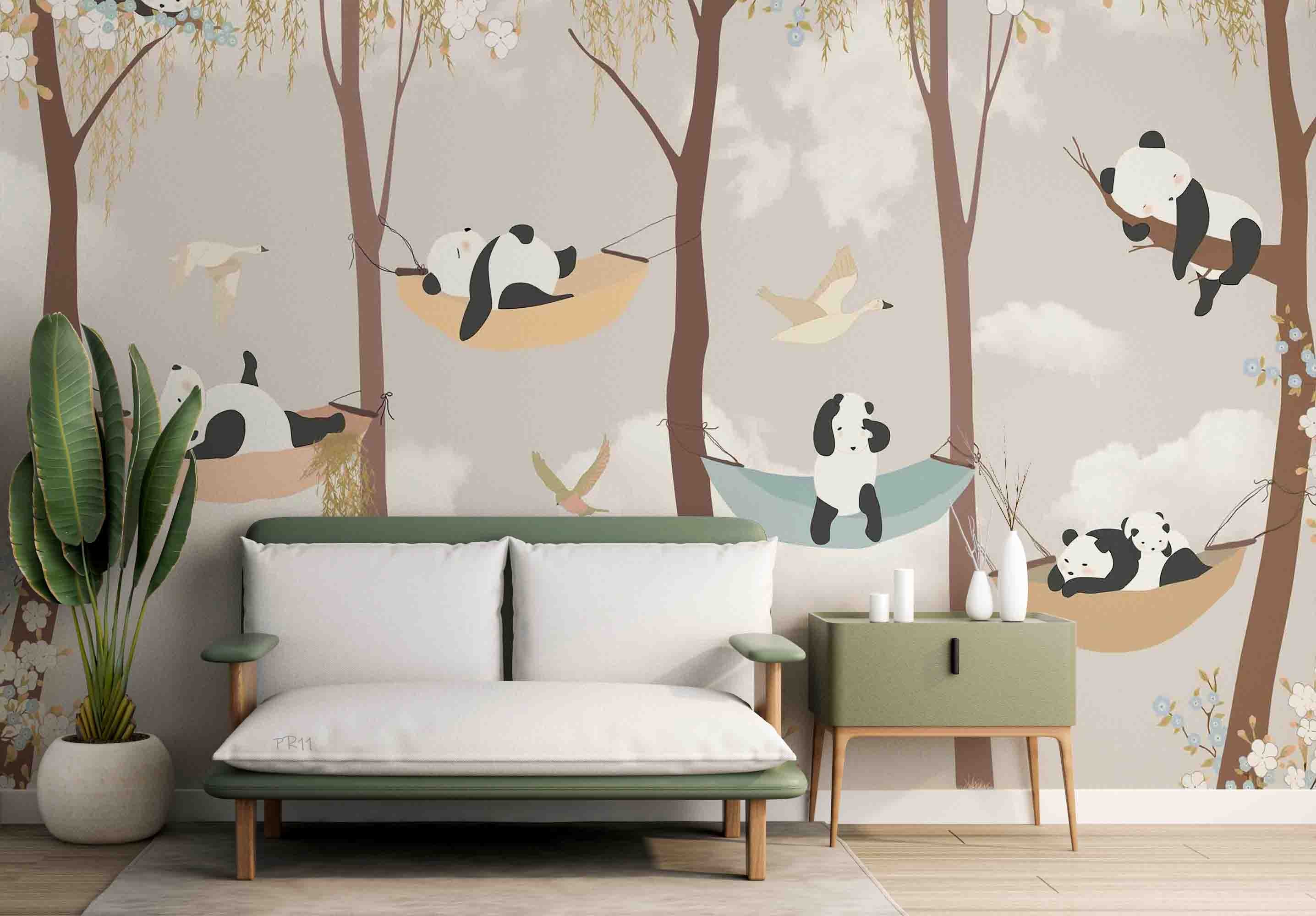 3D Cartoon Cute Forest Panda Hammock Wall Mural Wallpaper GD 4838- Jess Art Decoration