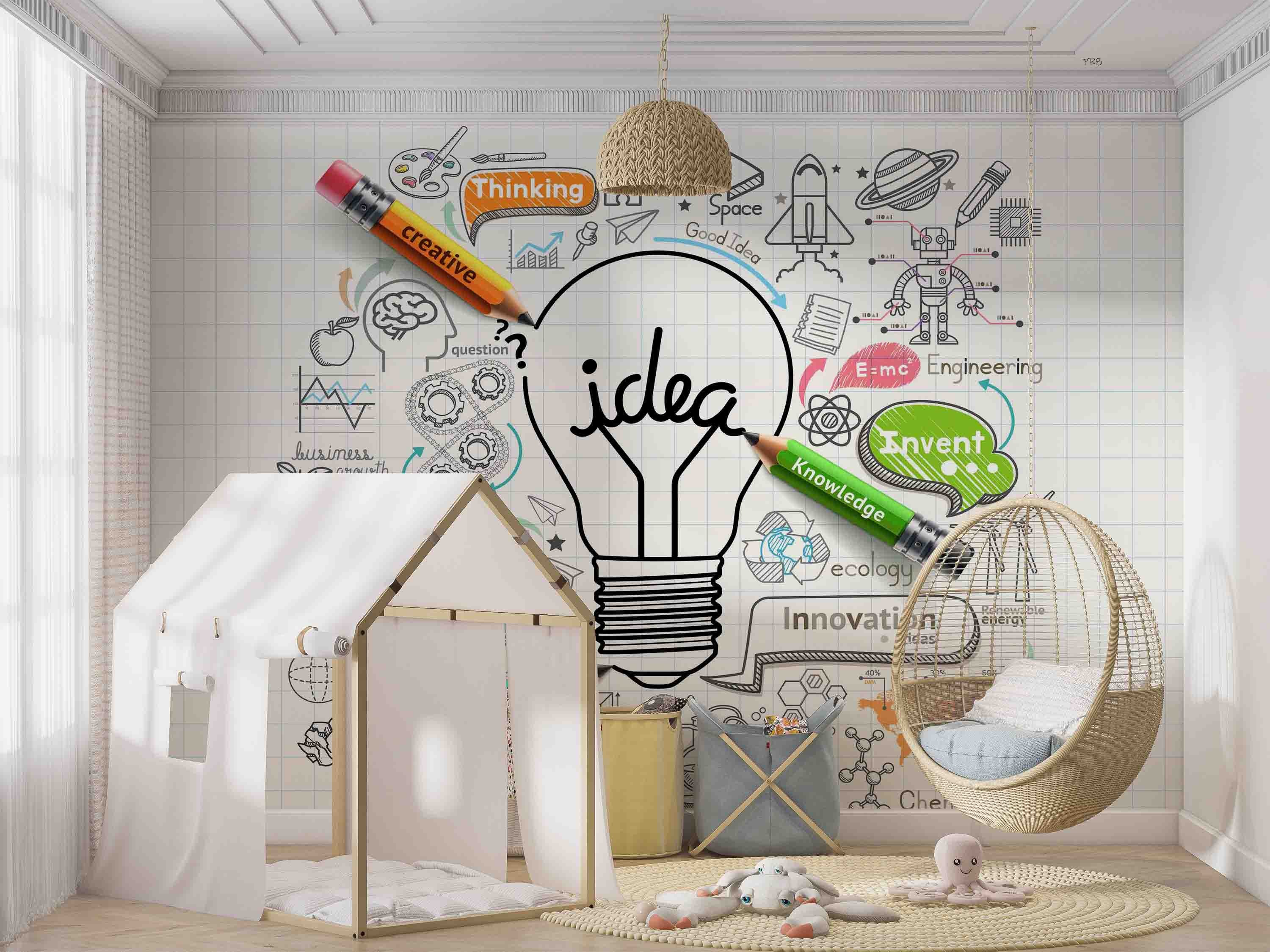 3D Light Bulb Idea Concept Doodle Icon Set Wall Mural Wallpaper GD 4536- Jess Art Decoration
