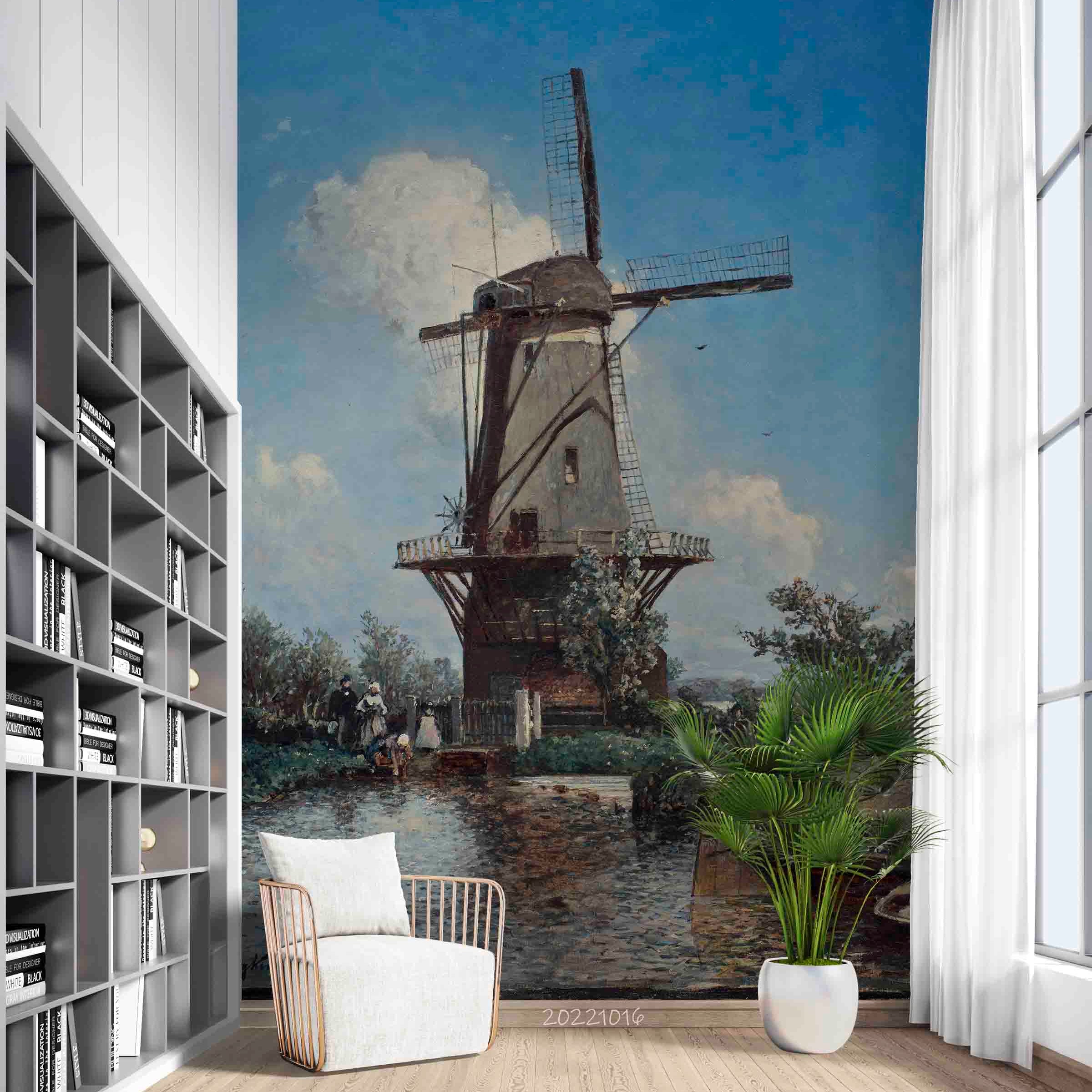 3D Vintage Oil Painting Windmill River Wall Mural Wallpaper GD 2945- Jess Art Decoration
