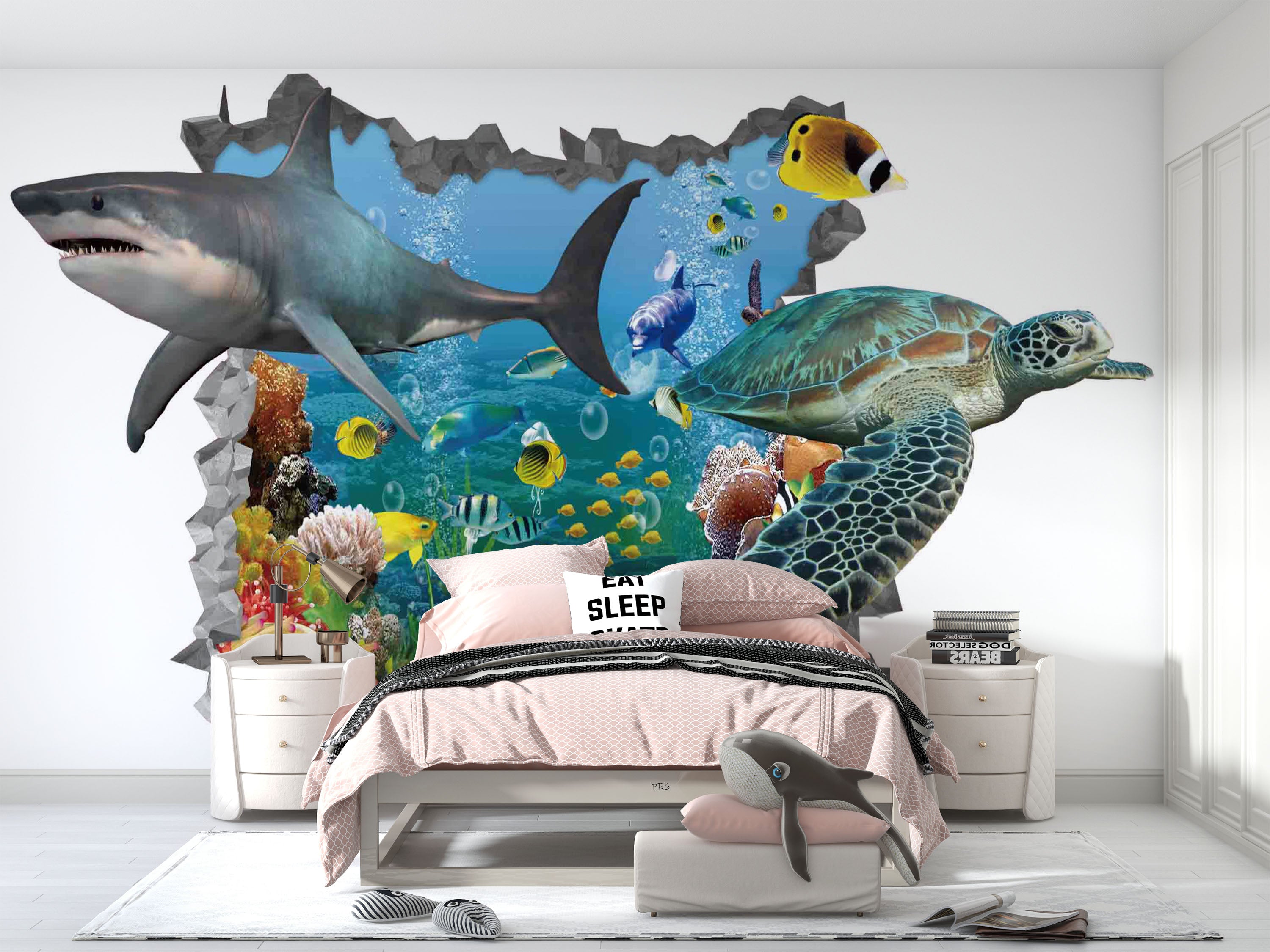 3D Animal Shark Fish Sea Turtle Coral Wall Mural Wallpaper YXL 18- Jess Art Decoration