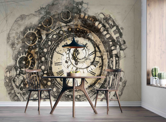 Wall Clock Round Gear Contemporary Wallpaper contemporary street art wall mural for creative room or feature wall - view 2