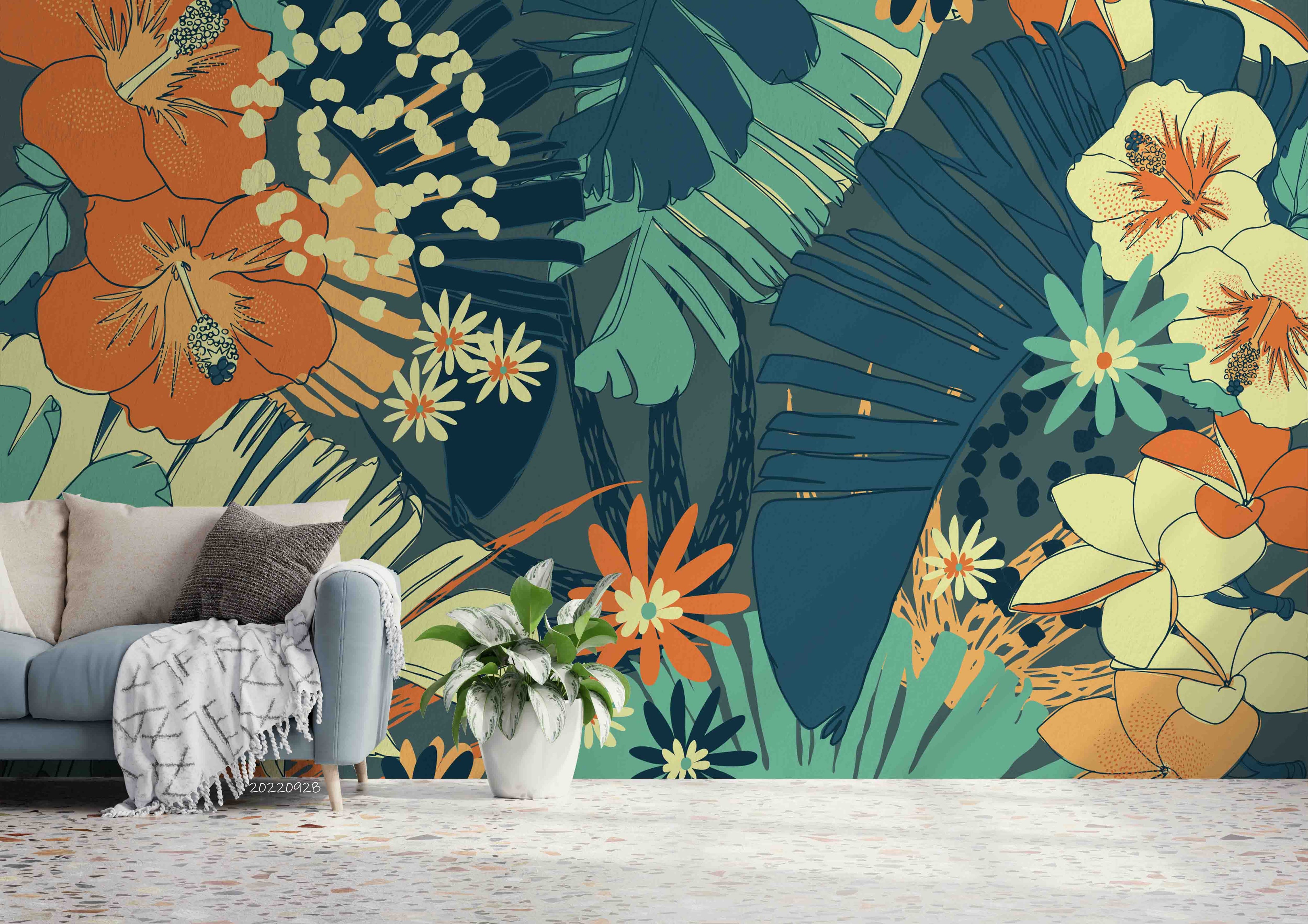 3D Hand Drawn Colorful Tropical Plant Leaf Floral Wall Mural Wallpaper GD 3378- Jess Art Decoration