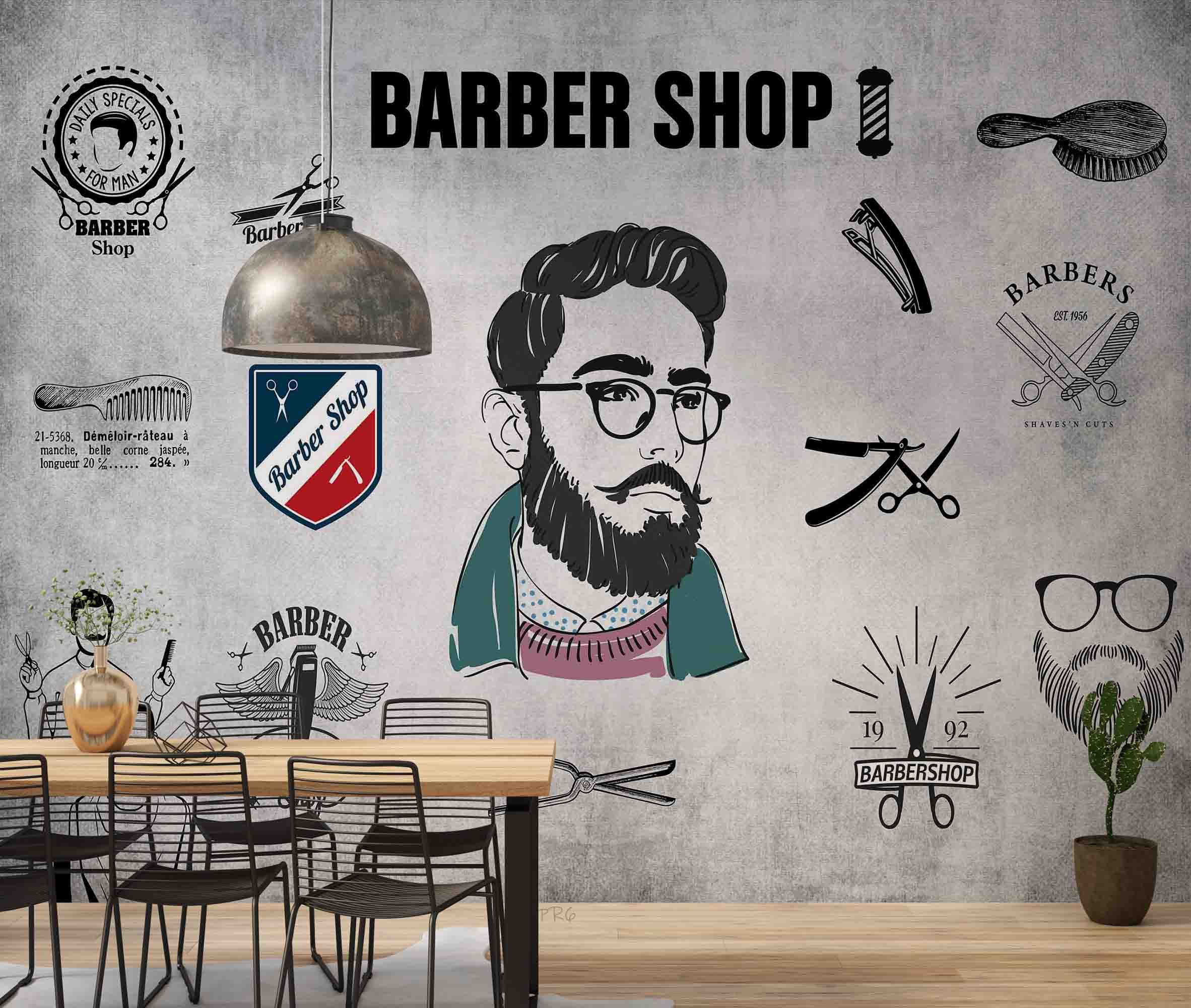 Barber Shop Head Scissors Comb Barber Shop Wallpaper barbershop graffiti wall mural for barber shop - view 5