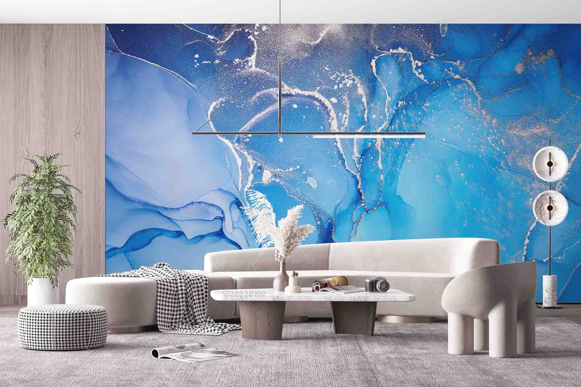 3D Bright Blue Marble bright blue marble artwork wall mural wallpaper for living room - view 6