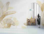 3D Hand Drawn Linear Engraving Tropical Golden Leaves Wall Mural Wallpaper GD 3368- Jess Art Decoration