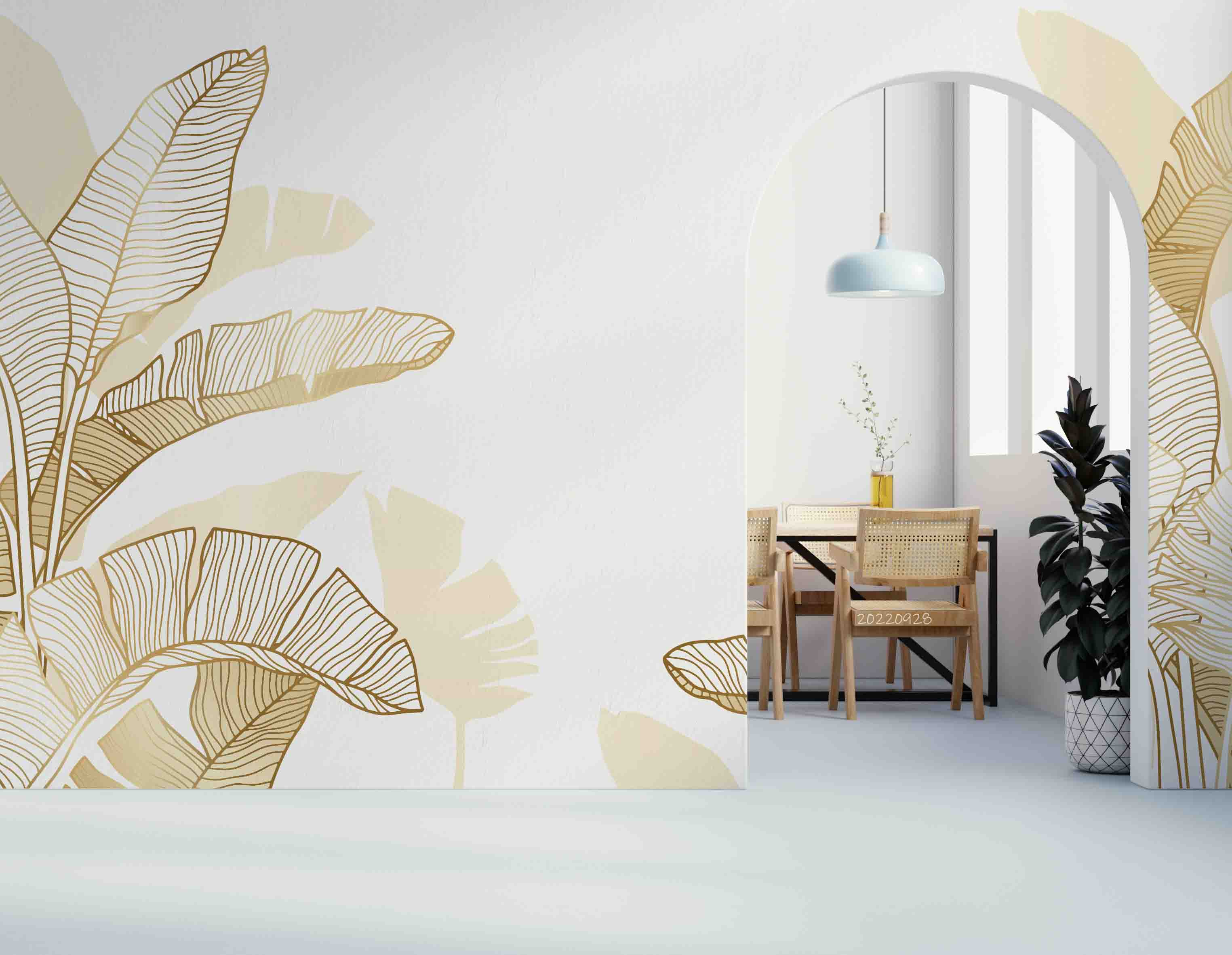 3D Hand Drawn Linear Engraving Tropical Golden Leaves Wall Mural Wallpaper GD 3368- Jess Art Decoration