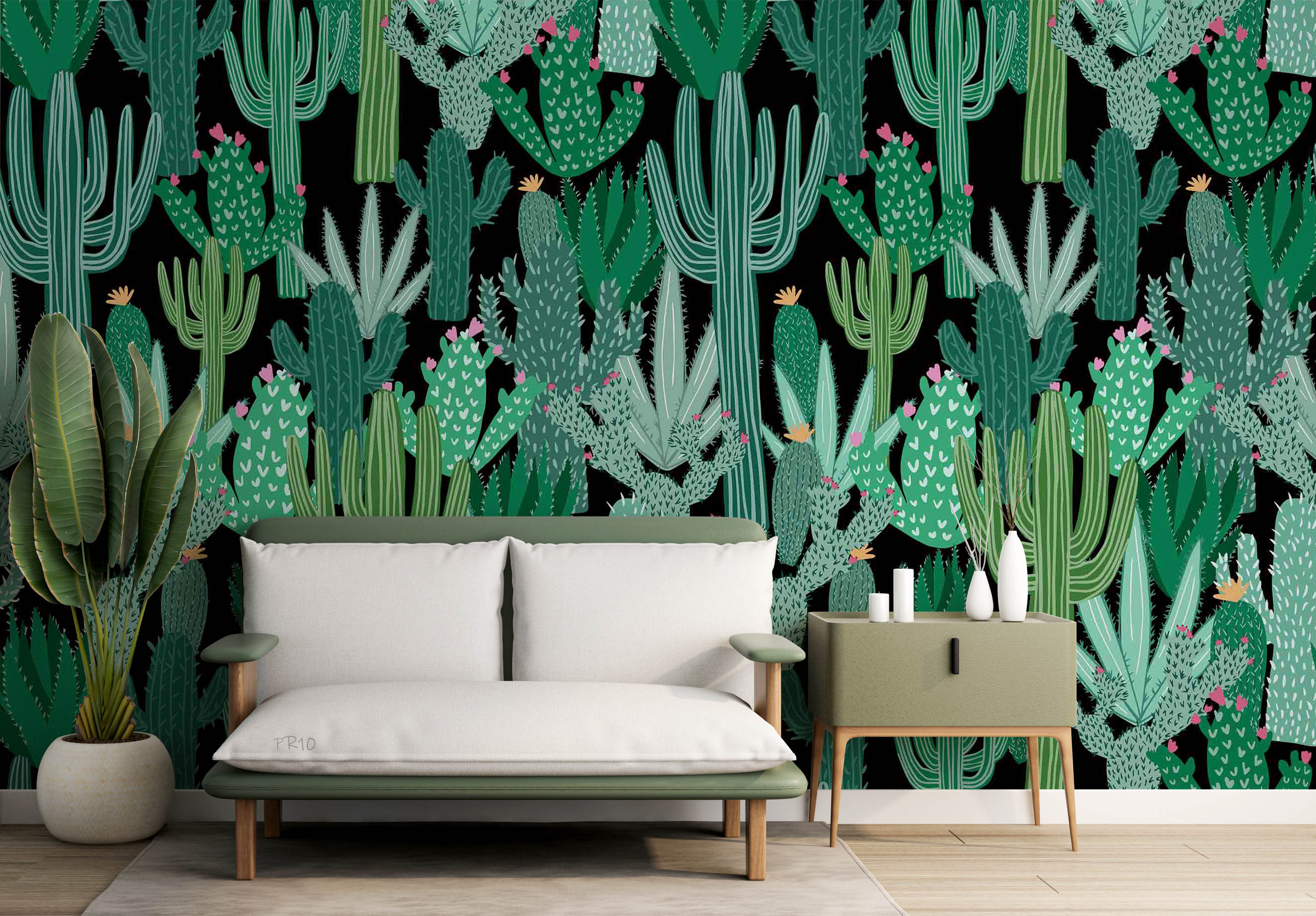 3D Watercolor Cactus Floral Black Background Wall Mural Wallpaper GD 4781- Jess Art Decoration