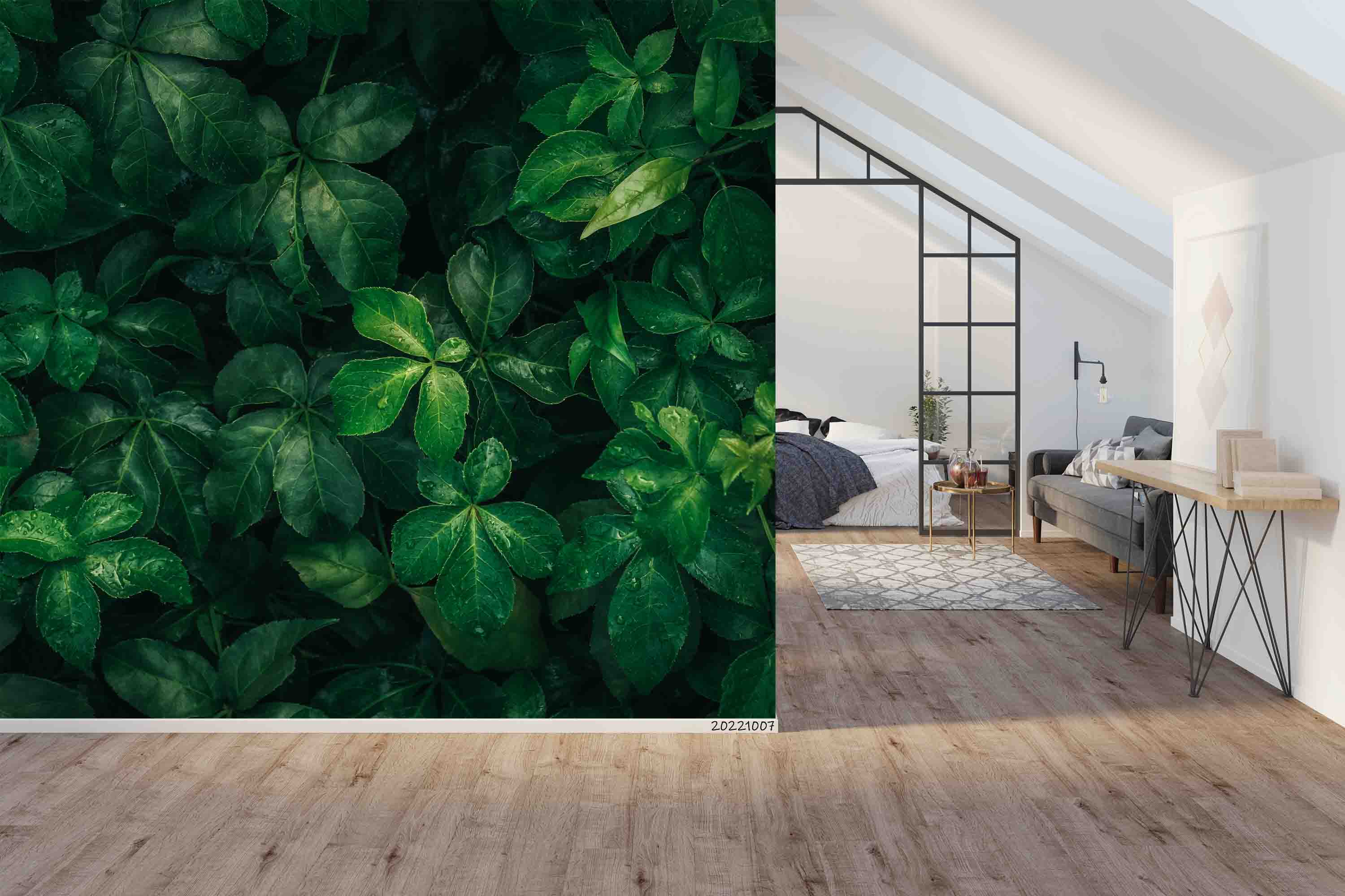 3D Tropical Leaves Dark Green Water Drops Texture Natural Background Wall Mural Wallpaper GD 3263- Jess Art Decoration