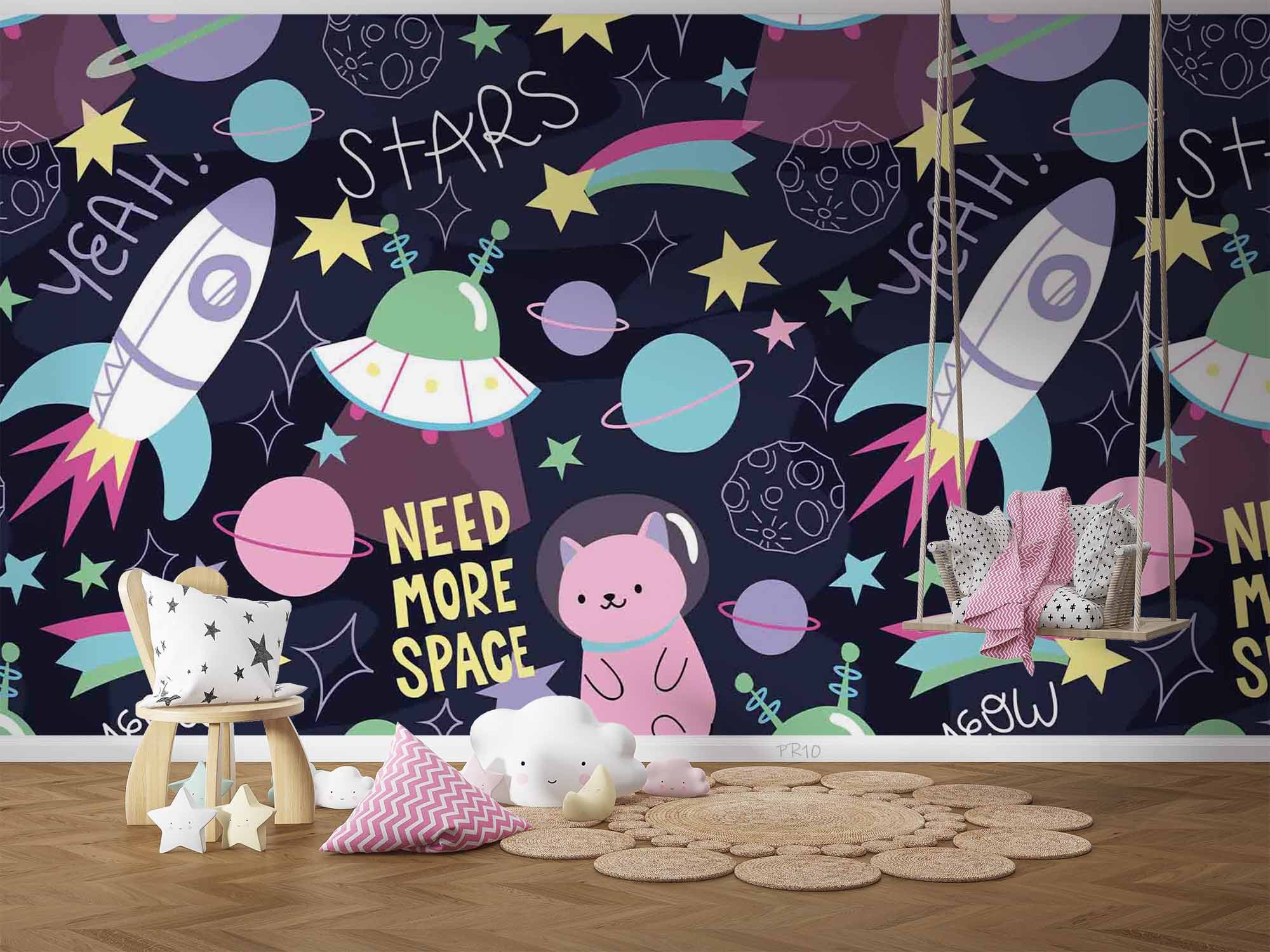 3D Space Cat Pattern space cat cartoon pattern wall mural wallpaper for playroom - view 5
