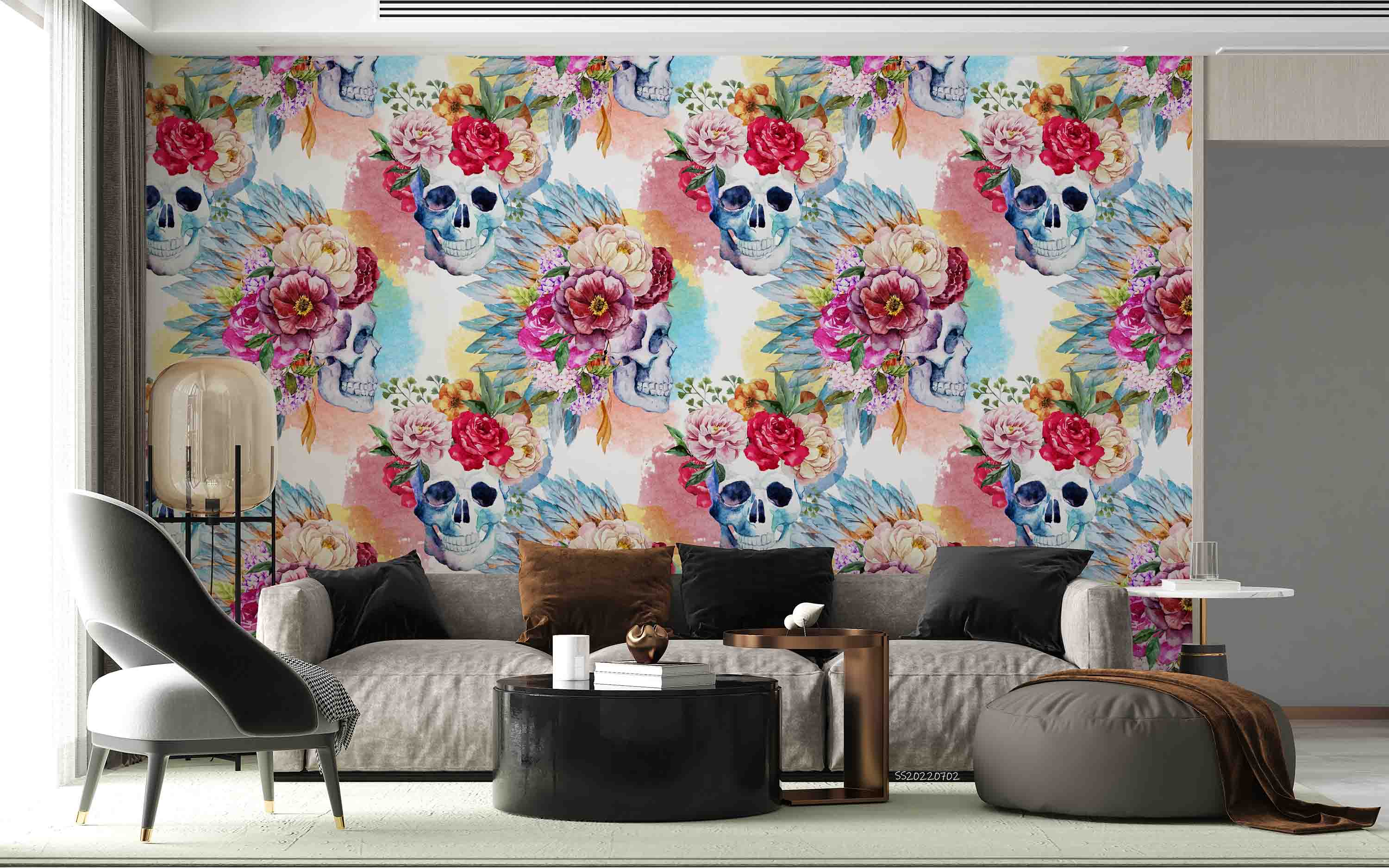 3D Watercolor Peony Skull Wreath Pattern Wall Mural Wallpaper GD 5193- Jess Art Decoration
