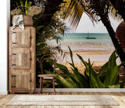 3D Tropical Beach Sea Waves Boat Coconut Trees Wall Mural Wallpaper GD 3179- Jess Art Decoration