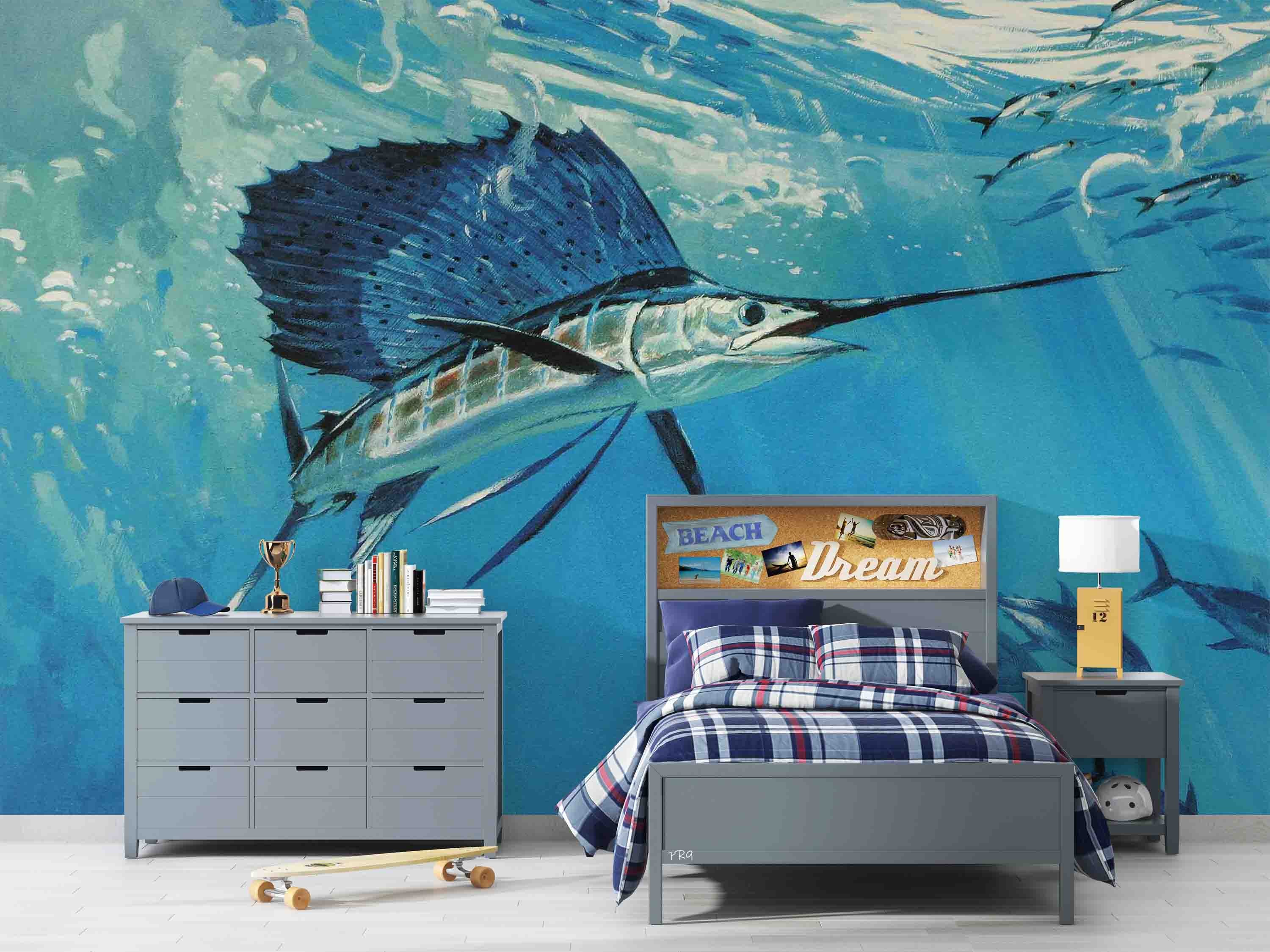 3D Blue Sea Fish underwater tuna fish scene wall mural wallpaper for kids room - view 5