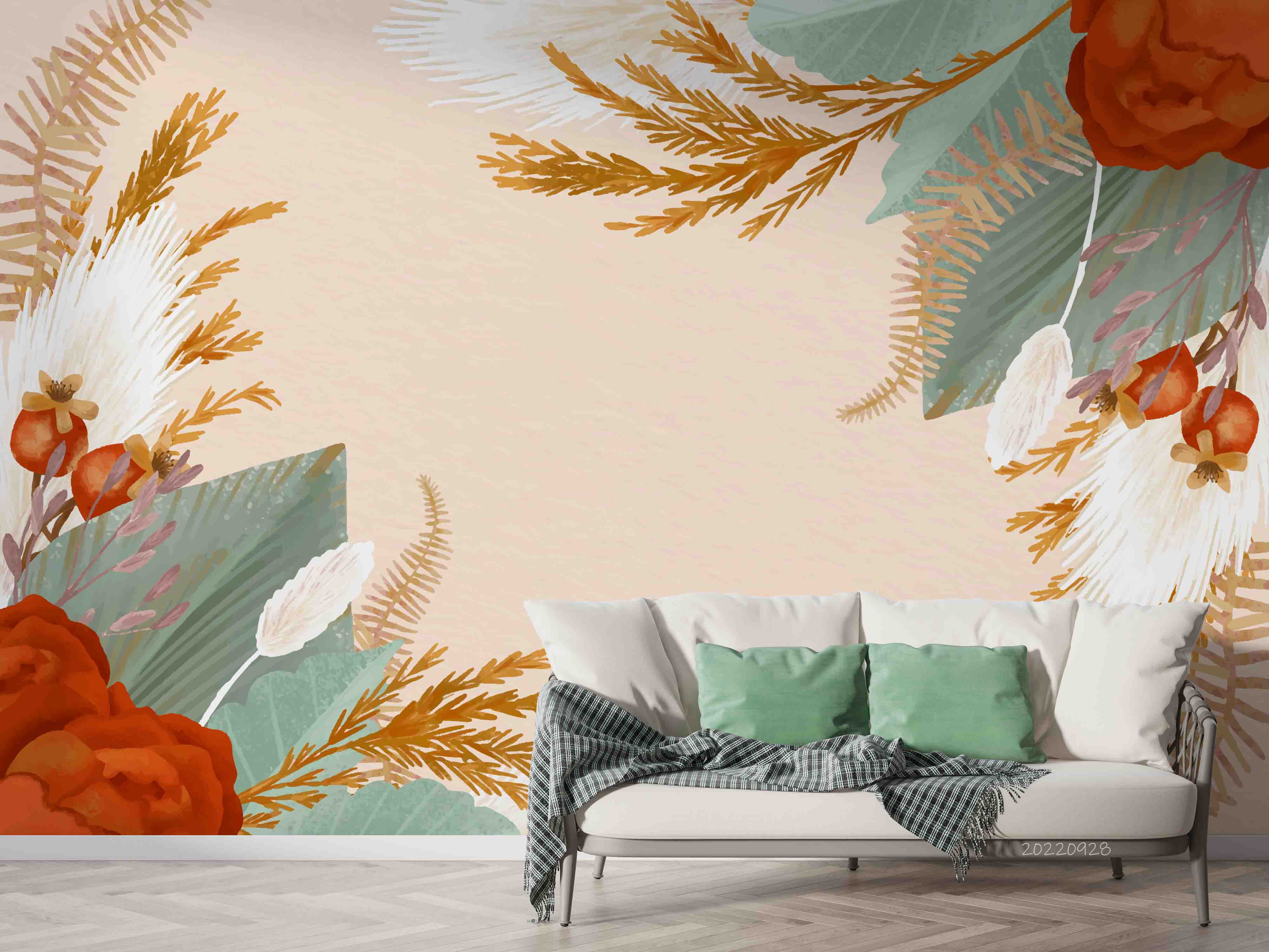 3D Watercolor Boho Background Floral Leaves Wall Mural Wallpaper GD 3311- Jess Art Decoration