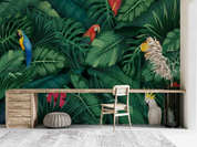 3D Tree Parrot Leaf Green Wall Mural Wallpaper YXL 1124