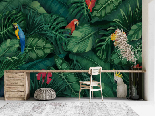 3D Tree Parrot Leaf Green Wall Mural Wallpaper YXL 1124