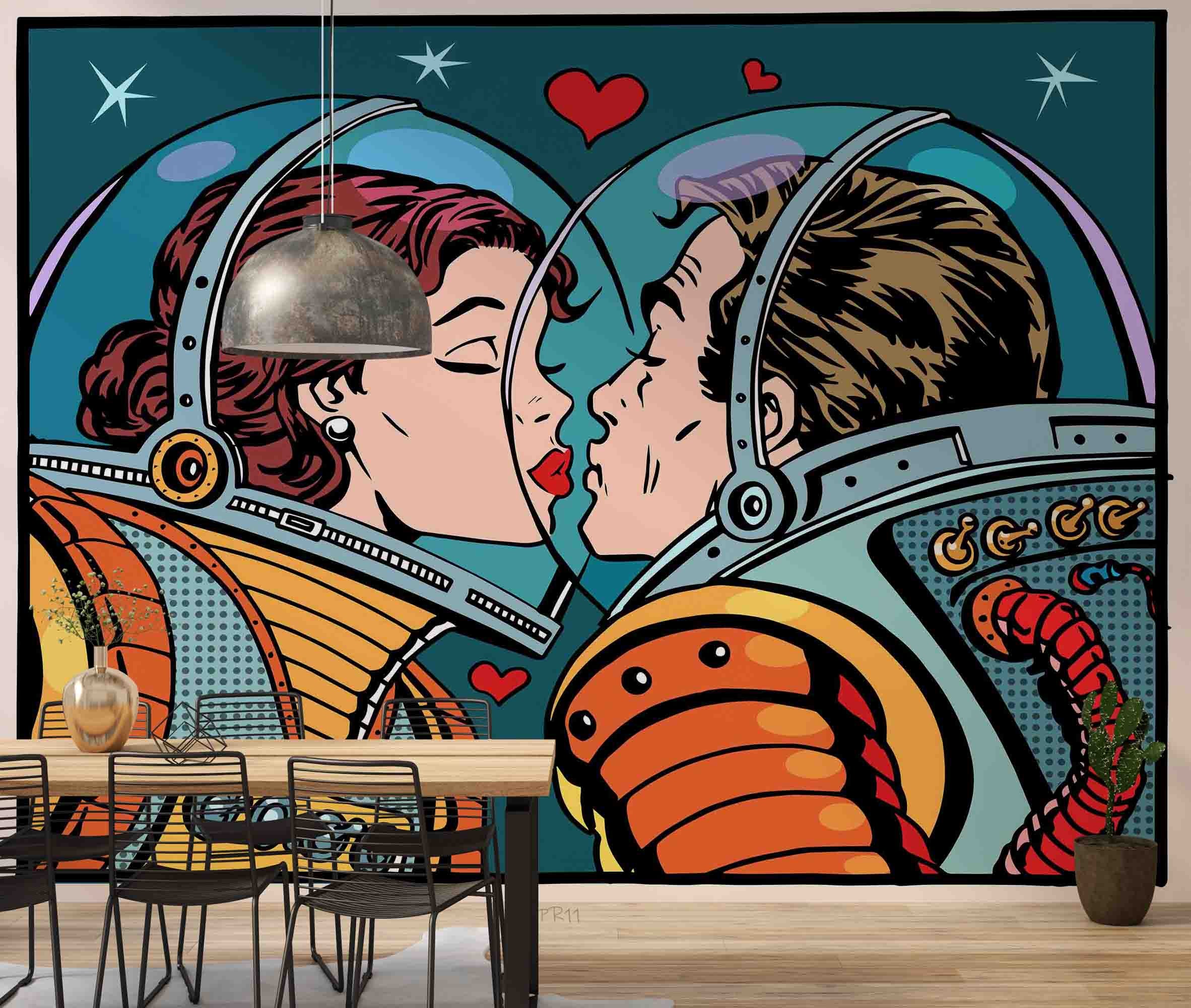 3D Astronaut Couple Kiss romantic astronaut pop art scene wall mural wallpaper for bedroom - view 6