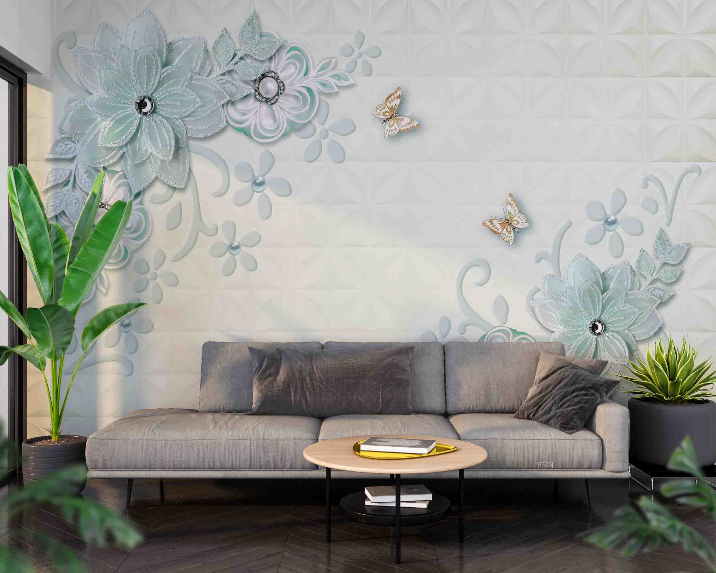 3D Jewelry Floral Butterfly Tile Background Wall Mural Wallpaper GD 4663- Jess Art Decoration