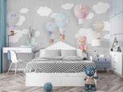 3D Cartoon Cute Animal Hippo Bear Hot Air Balloon Map Wall Mural Wallpaper GD 4765- Jess Art Decoration