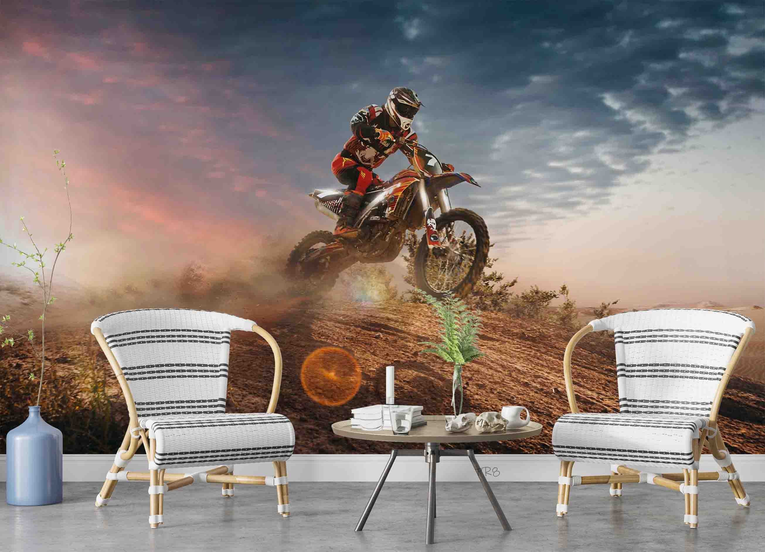 Motocross Rider Hillside Sunset Action Sports Wallpaper action sports wall mural for sports room or entertainment space - vie