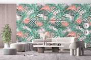 3D Green Tropical Jungle Palm Leaves Pink Exotic Flamingo Wall Mural Wallpaper GD 5157- Jess Art Decoration
