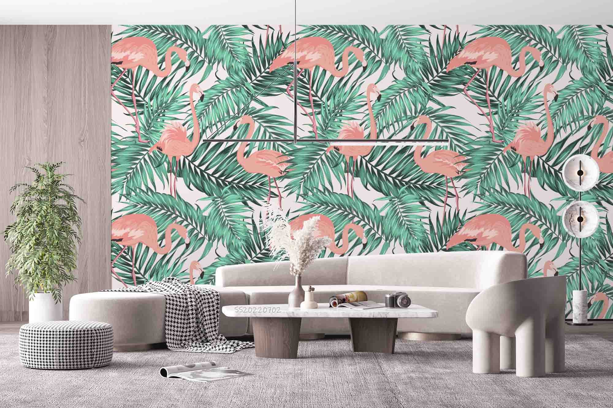 3D Green Tropical Jungle Palm Leaves Pink Exotic Flamingo Wall Mural Wallpaper GD 5157- Jess Art Decoration
