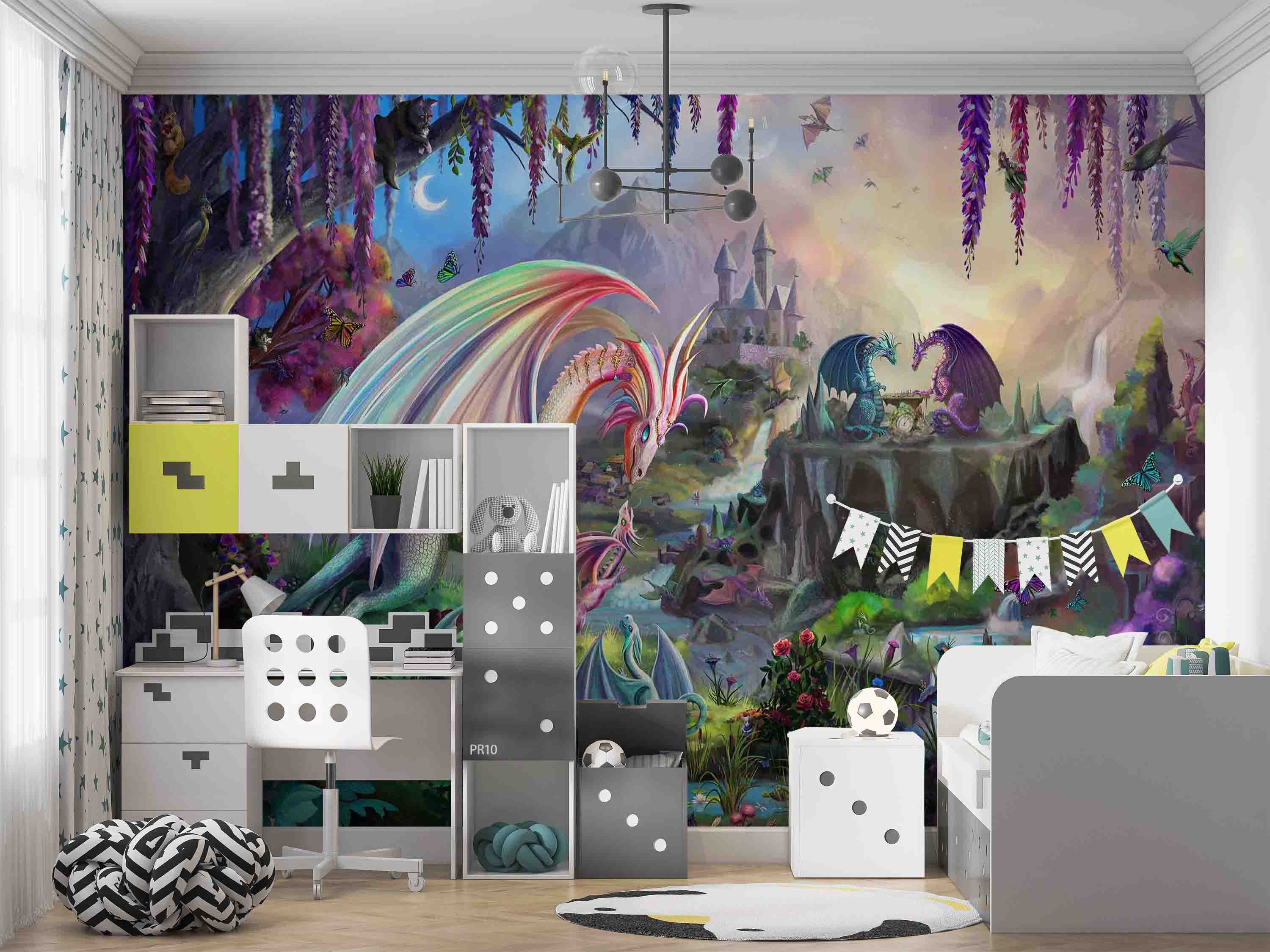 3D Fantasy Castle Plant Floral Dragon Wall Mural Wallpaper GD 4767- Jess Art Decoration