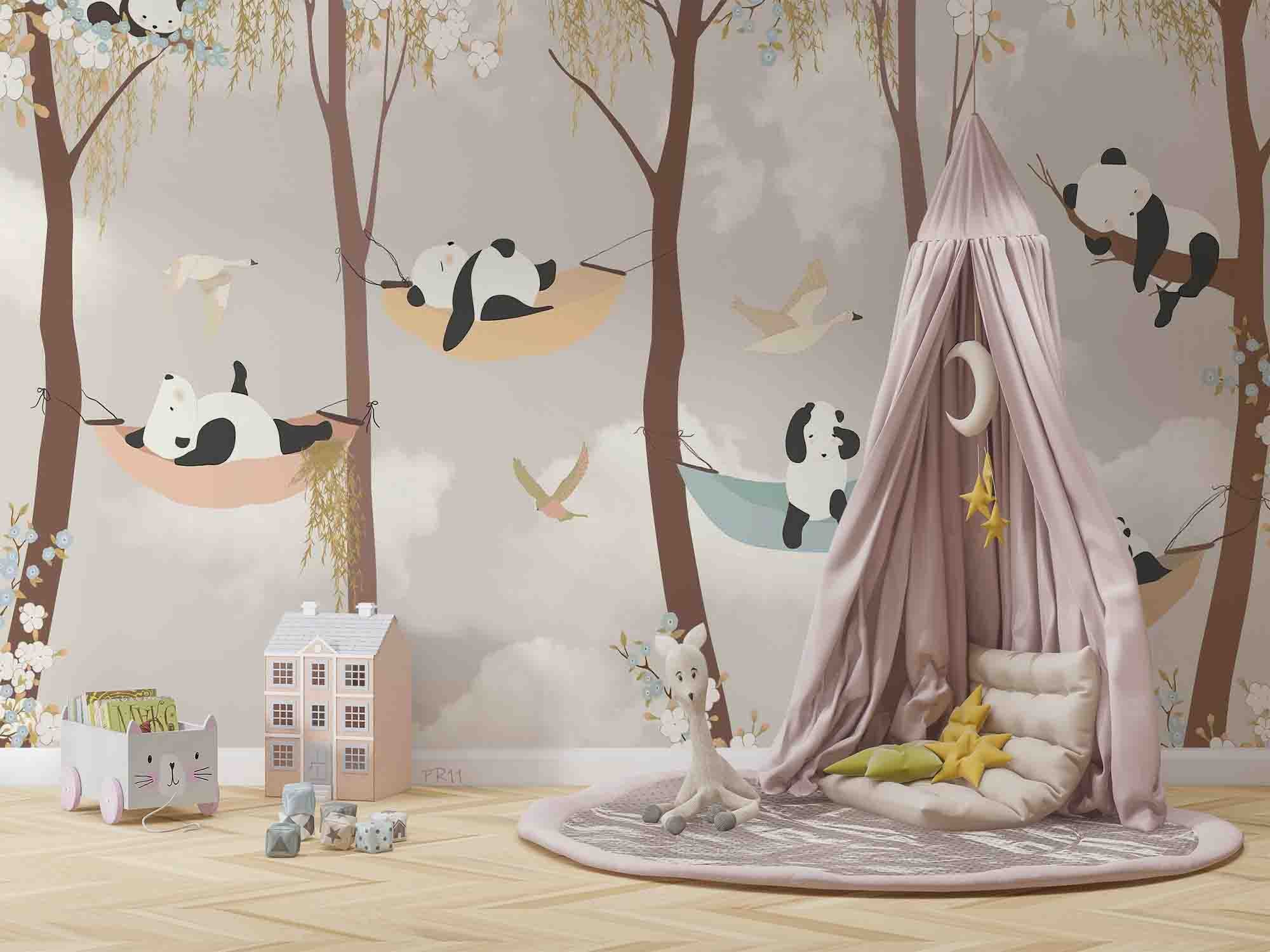 3D Cartoon Cute Forest Panda Hammock Wall Mural Wallpaper GD 4838- Jess Art Decoration