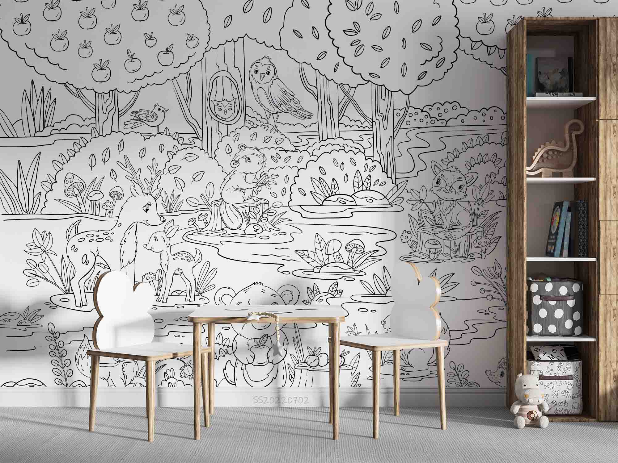 3D Doodle Cute Forest Animals Plants Trees Mushrooms Floral Wall Mural Wallpaper GD 5100- Jess Art Decoration