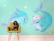3D Cartoon Cute Dolphin Floral Star Wall Mural Wallpaper GD 4898- Jess Art Decoration