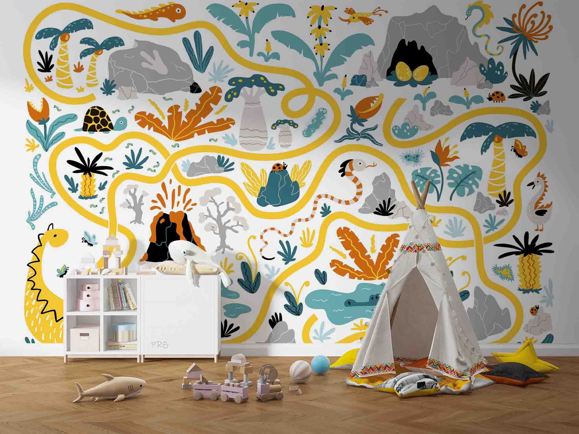 3D Cartoon Tropical Plant Volcano Dinosaur Maze Wall Mural Wallpaper GD 4573- Jess Art Decoration