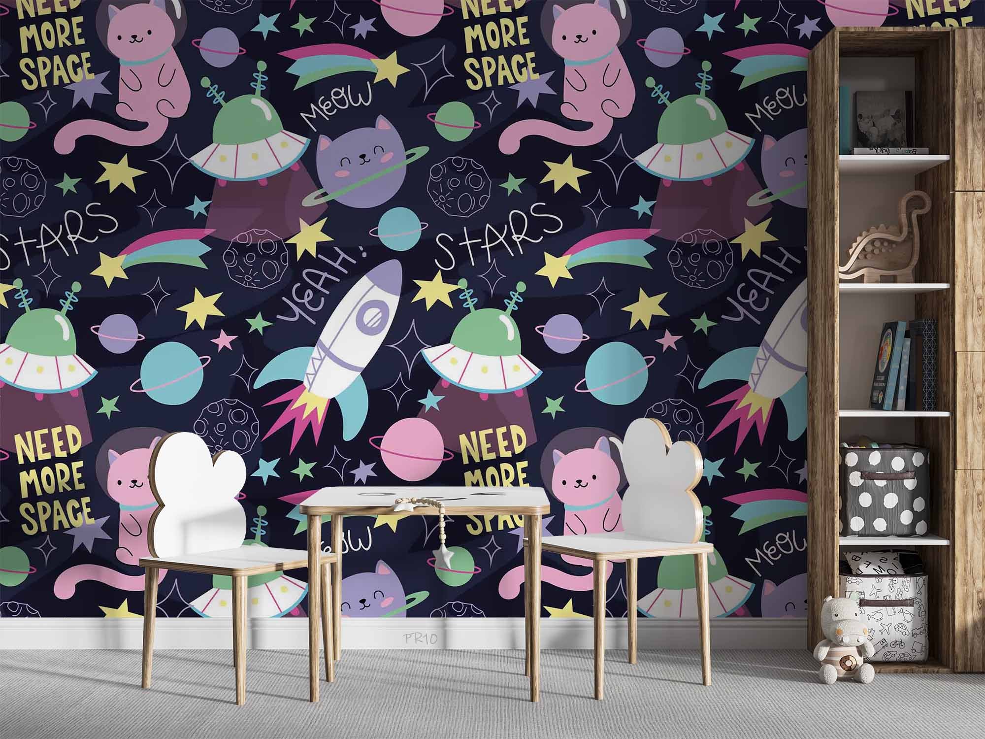 3D Space Cat Pattern space cat cartoon pattern wall mural wallpaper for playroom - view 6