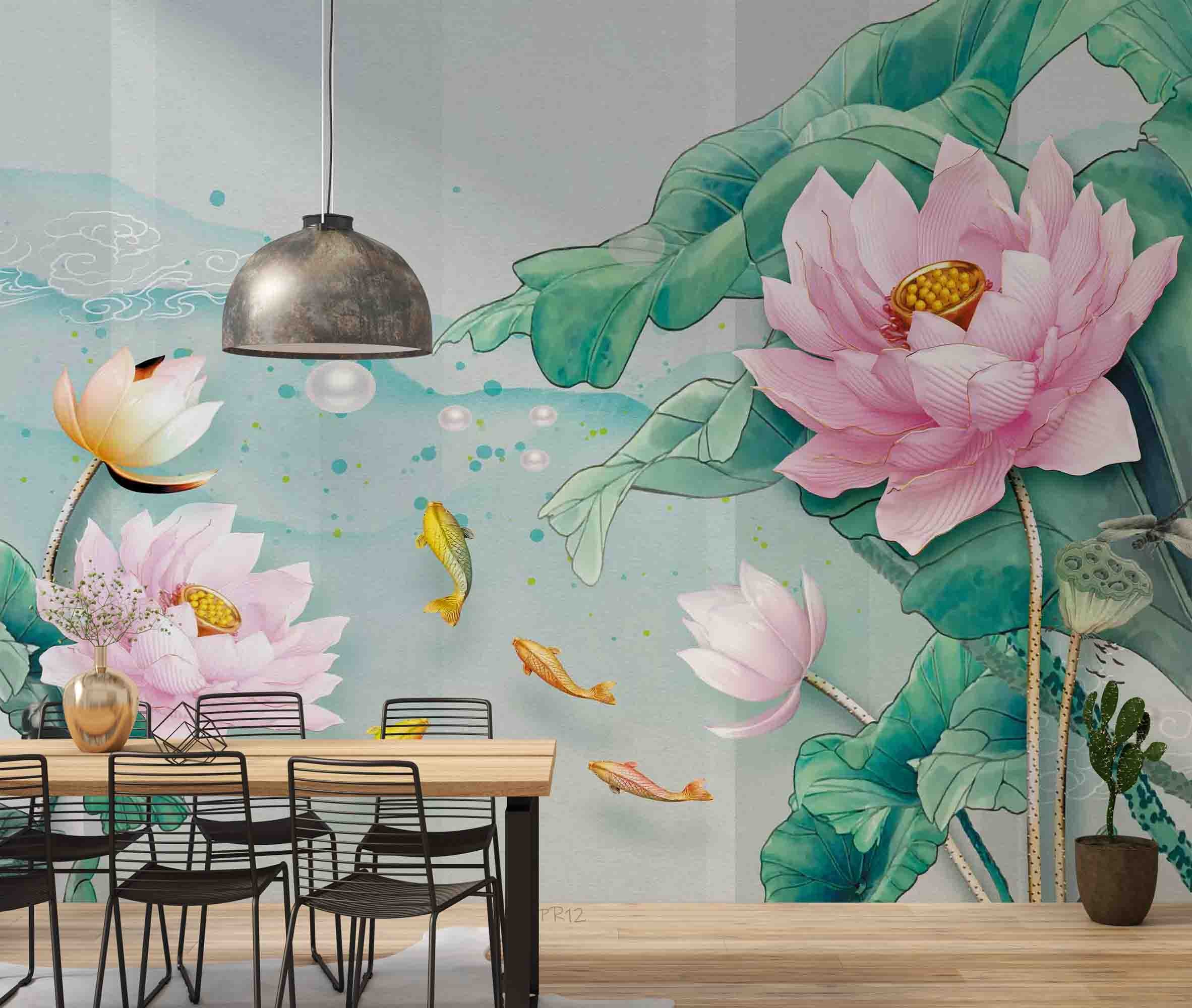 3D Vintage Lotus Leaf Pearl Koi Wall Mural Wallpaper GD 4973- Jess Art Decoration